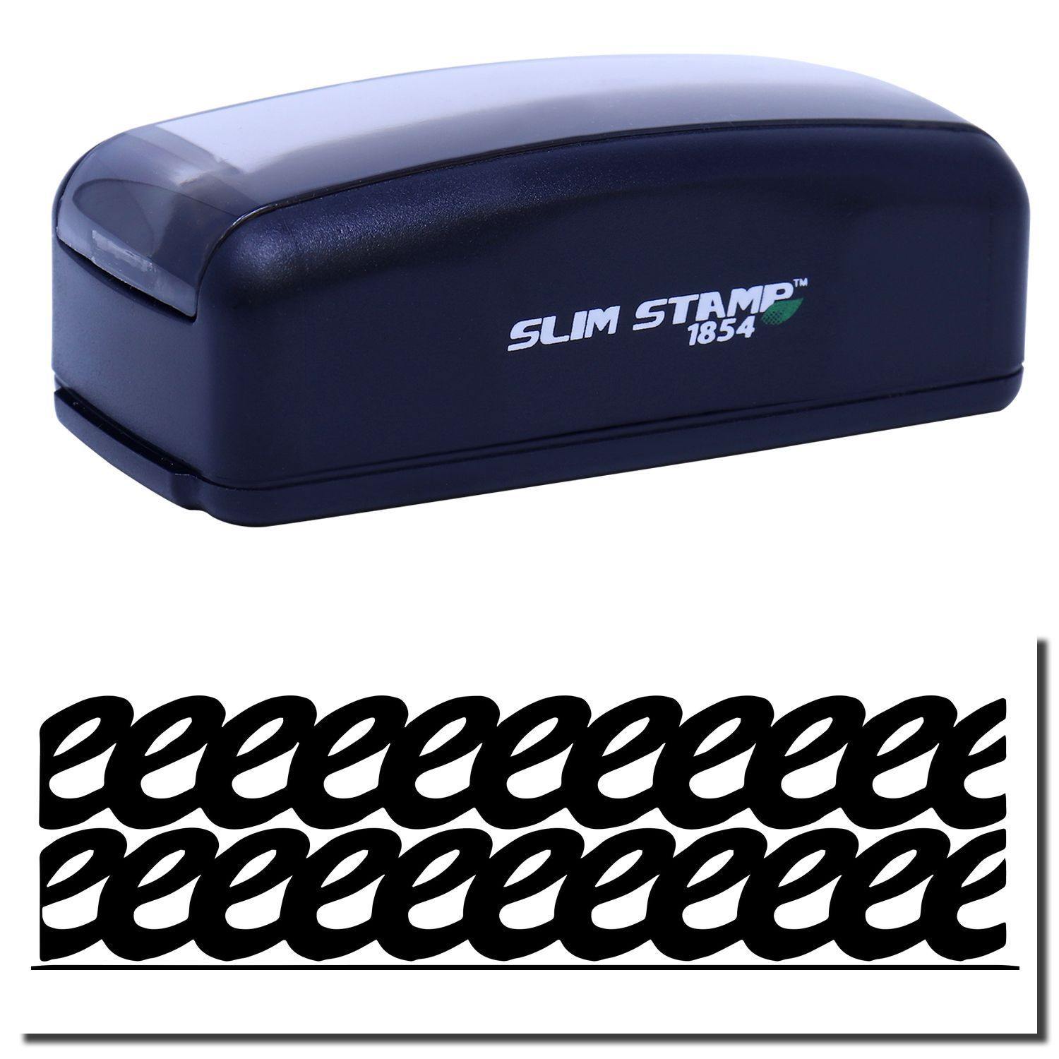 Large Pre-Inked Strikeout Stamp in black with SLIM STAMP 1854 text, shown with a sample of strikeout marks it creates.