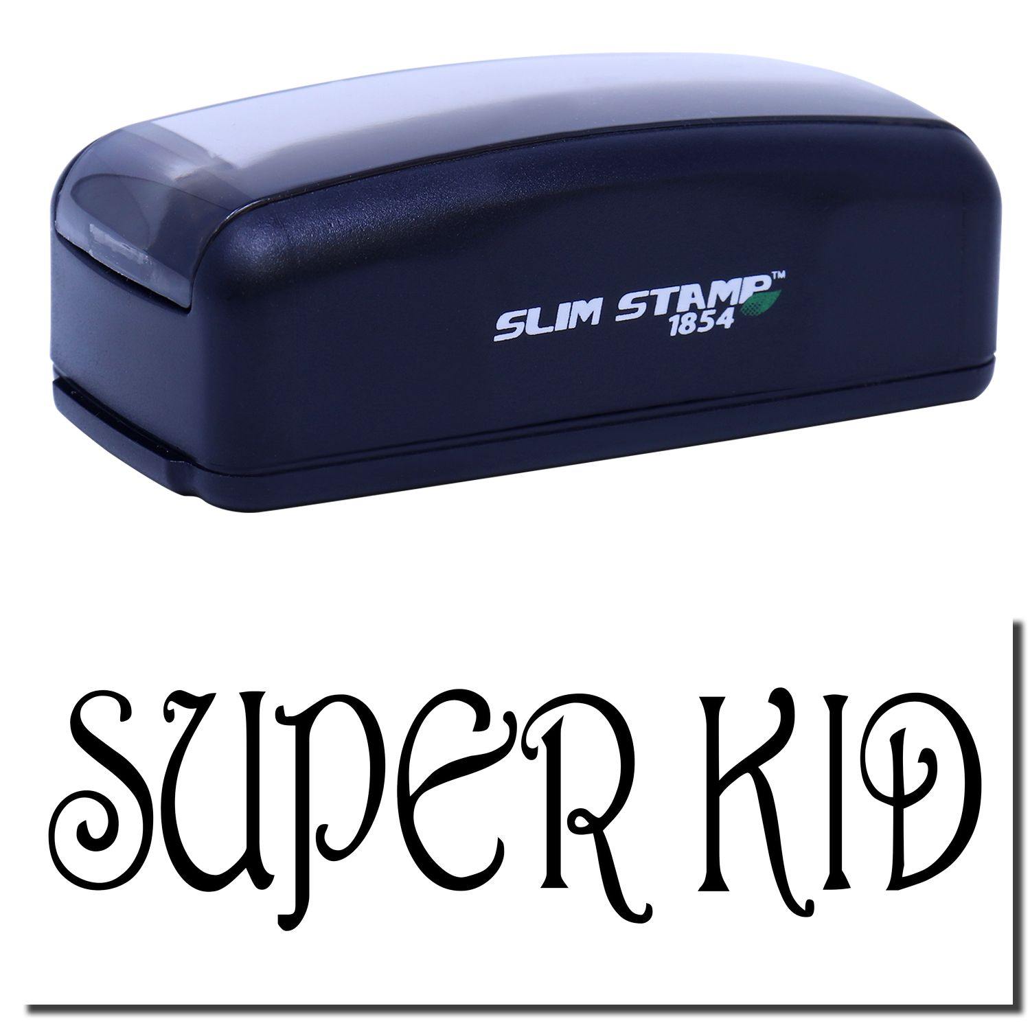 Large Pre-Inked Super Kid Stamp in black with SUPER KID text imprint shown below. Compact and easy to use for rewarding children.