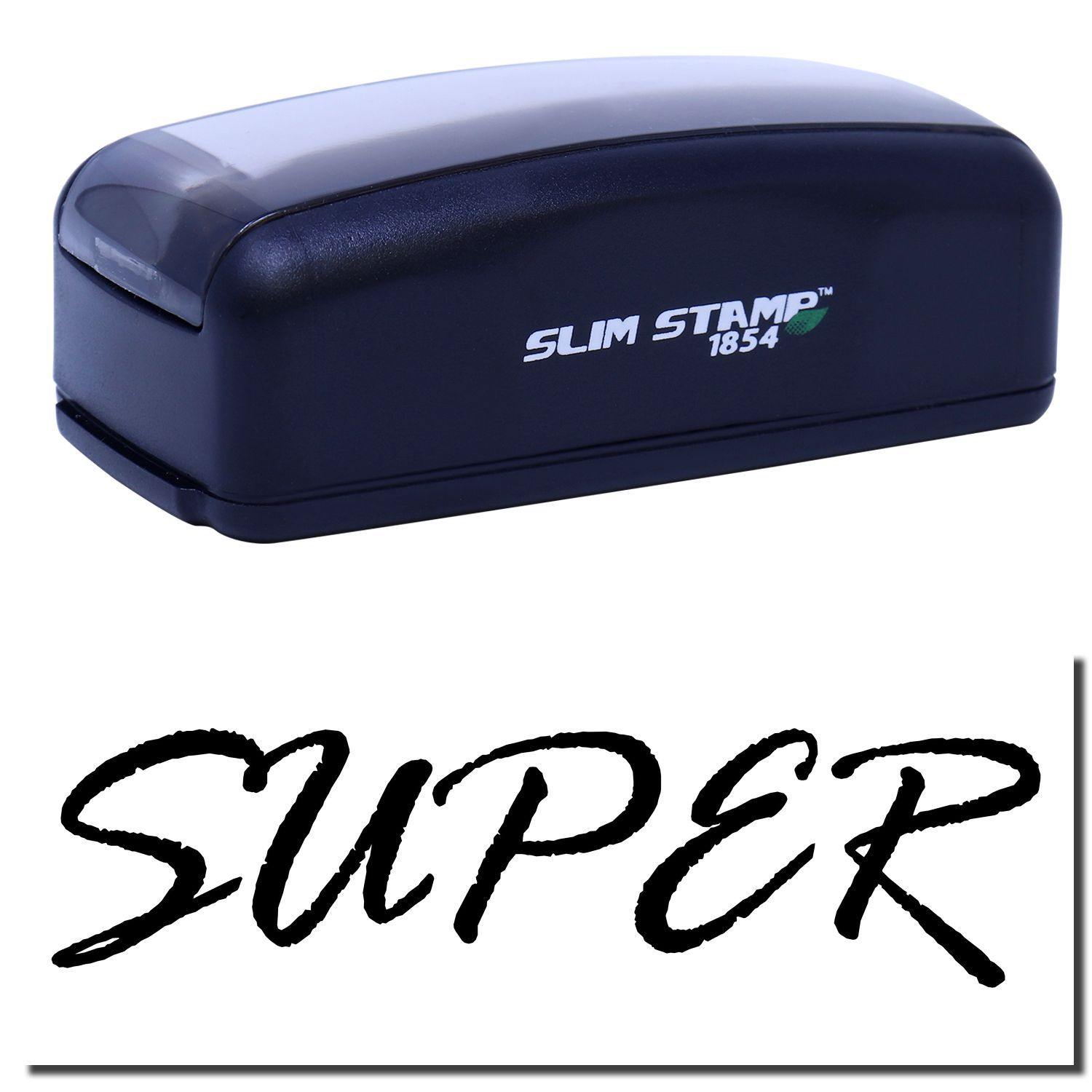 Large Pre-Inked Super Stamp in black with SLIM STAMP 1854 branding, shown above a stamped SUPER text in bold, black font.