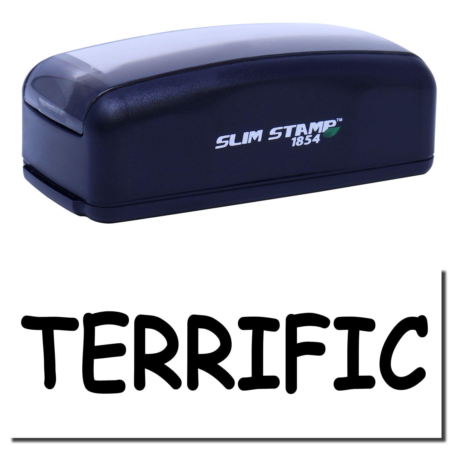 Large Pre-Inked Terrific Stamp in black with SLIM STAMP 1854 branding, showing the word TERRIFIC stamped below.