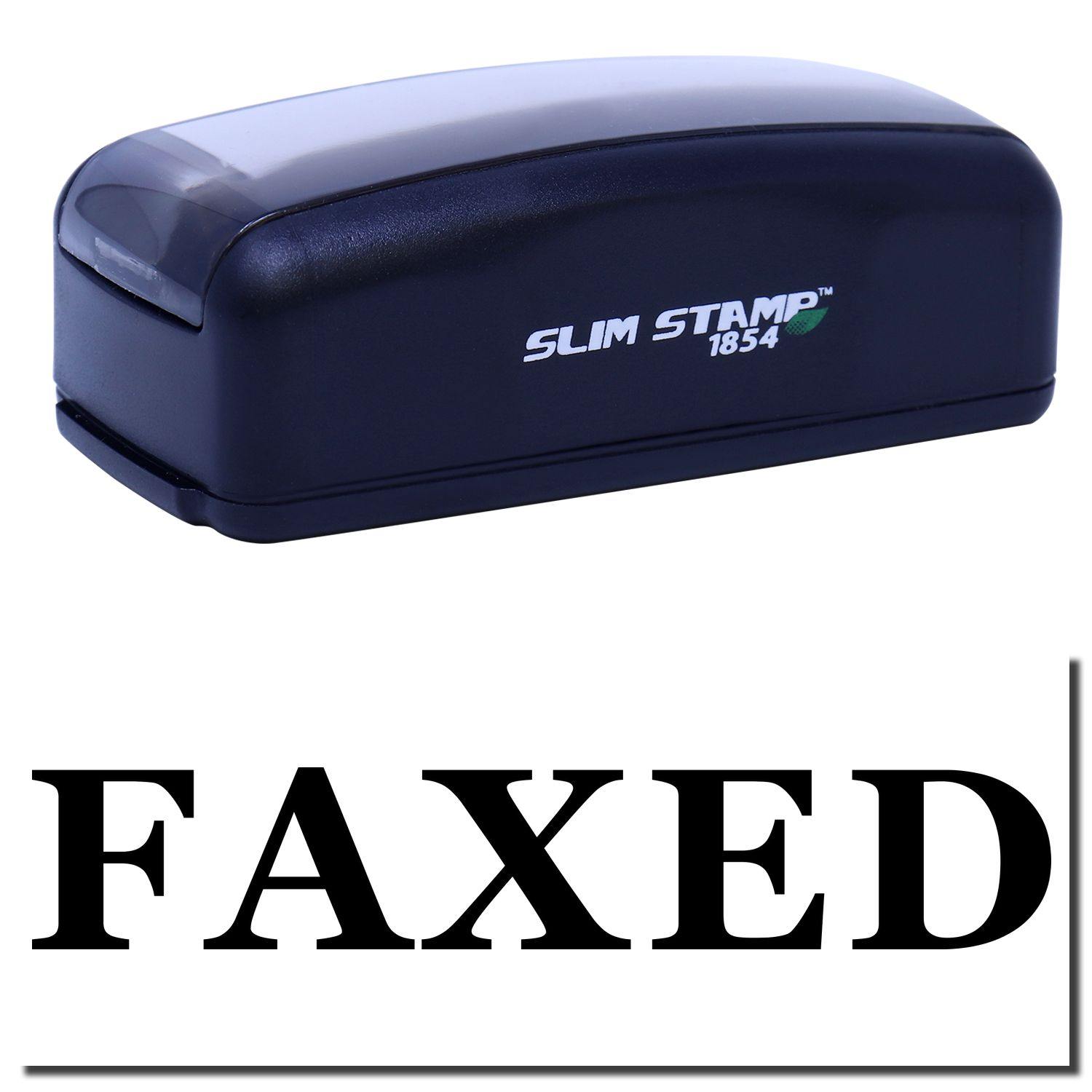 Large Pre-Inked Times Faxed Stamp in black, with the word FAXED stamped below. Compact design, labeled SLIM STAMP 1854 .