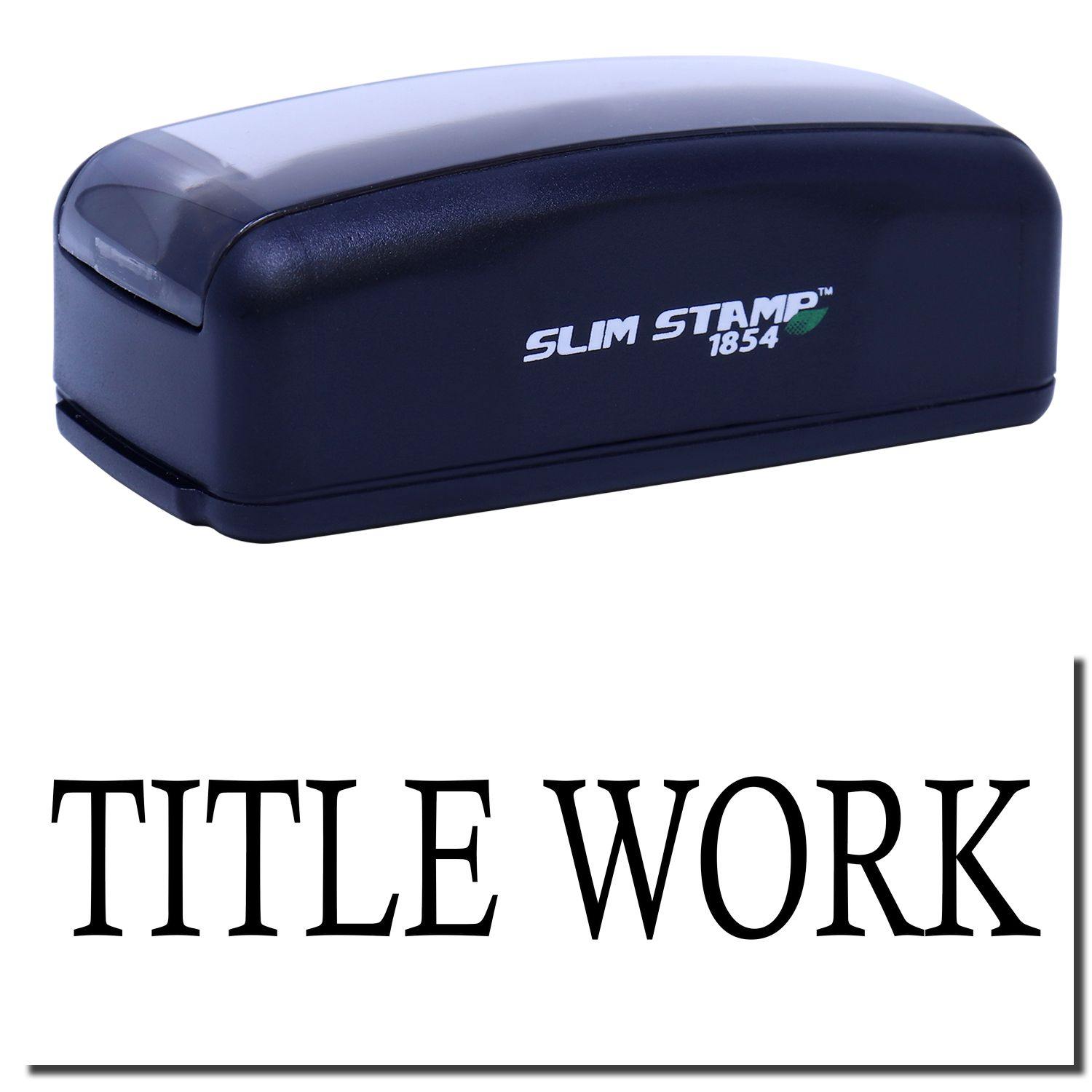 Large Pre-Inked Title Work Stamp in black with TITLE WORK text imprint, featuring a compact design and SLIM STAMP 1854 branding.