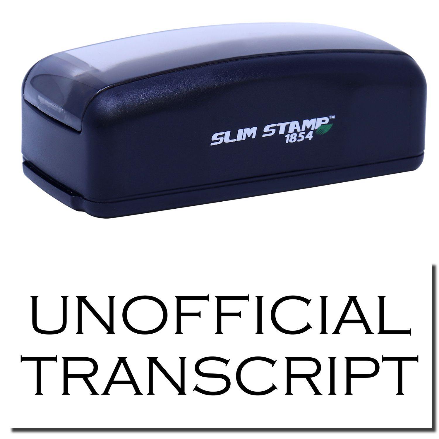 Large Pre-Inked Unofficial Transcript Stamp in black with UNOFFICIAL TRANSCRIPT text below. Compact design, ideal for office use.