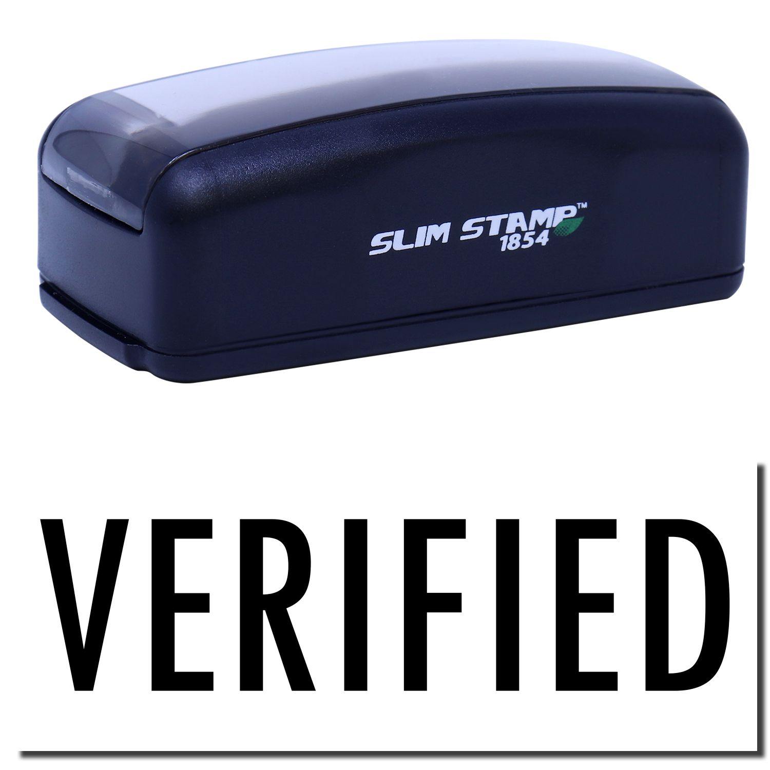 Large Pre-Inked Verified Stamp in black with SLIM STAMP 1854 branding, shown above a bold VERIFIED imprint.