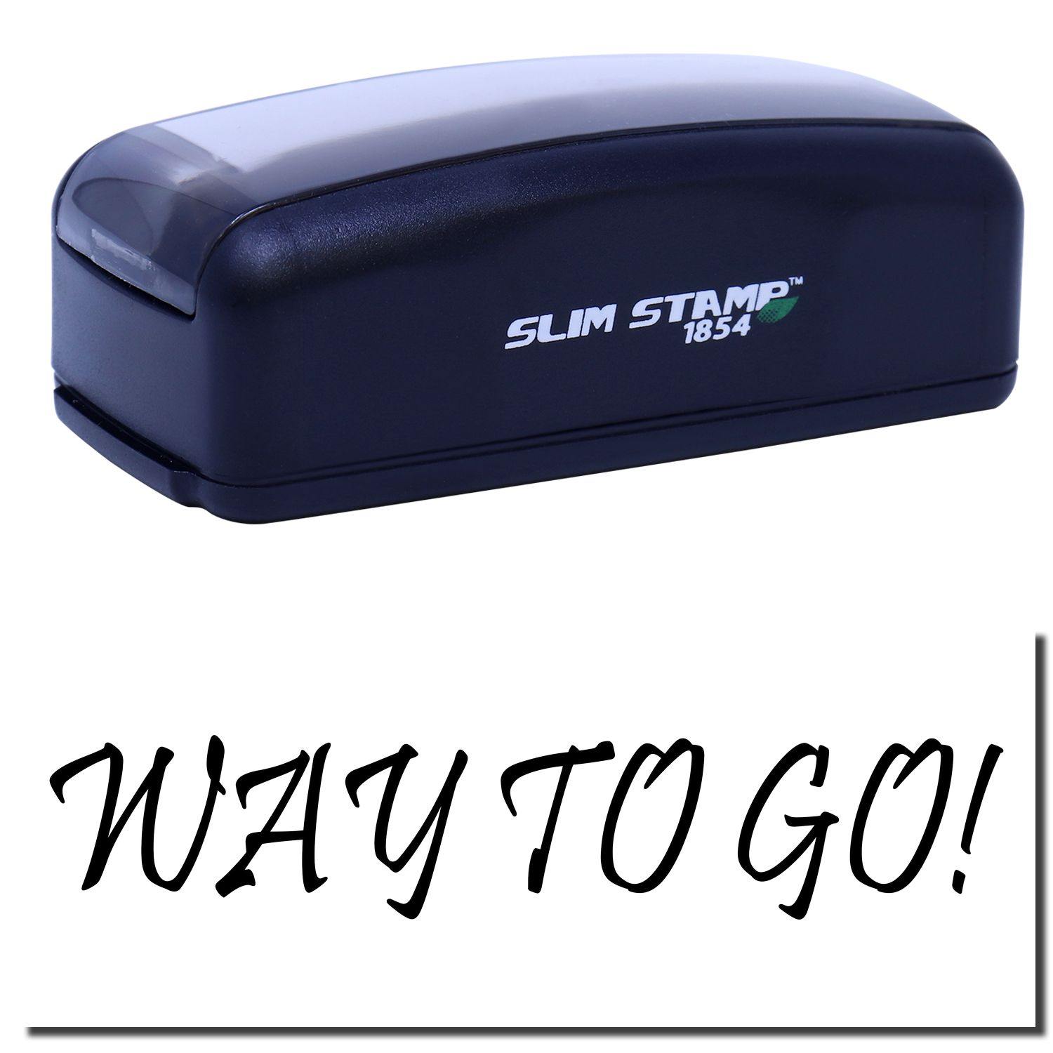 Large Pre-Inked Way To Go Stamp in black with WAY TO GO! text stamped below. Compact design, ideal for quick and easy stamping.