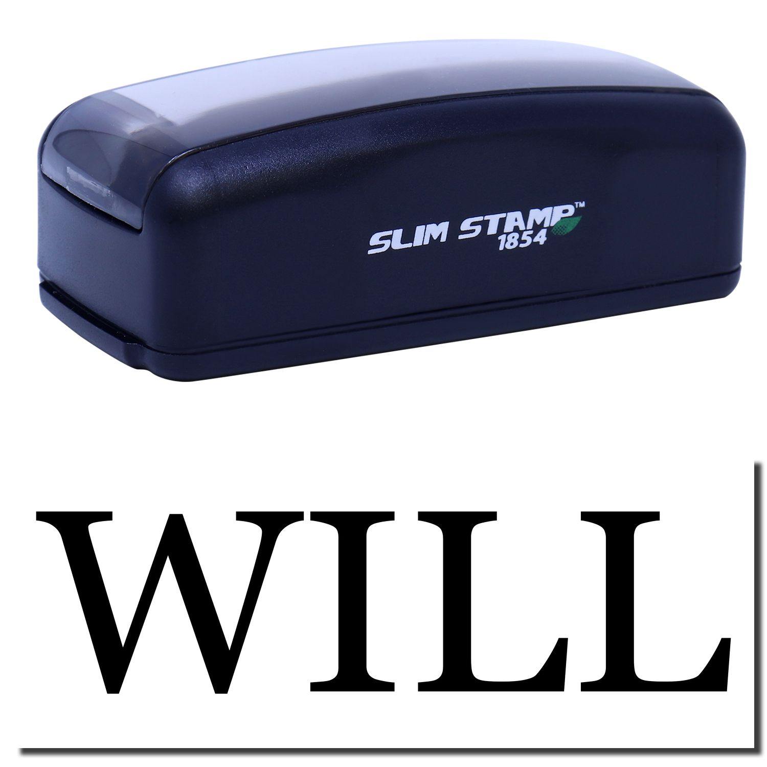 Large Pre-Inked Will Stamp in black with WILL stamped below, featuring a compact design and SLIM STAMP 1854 branding.