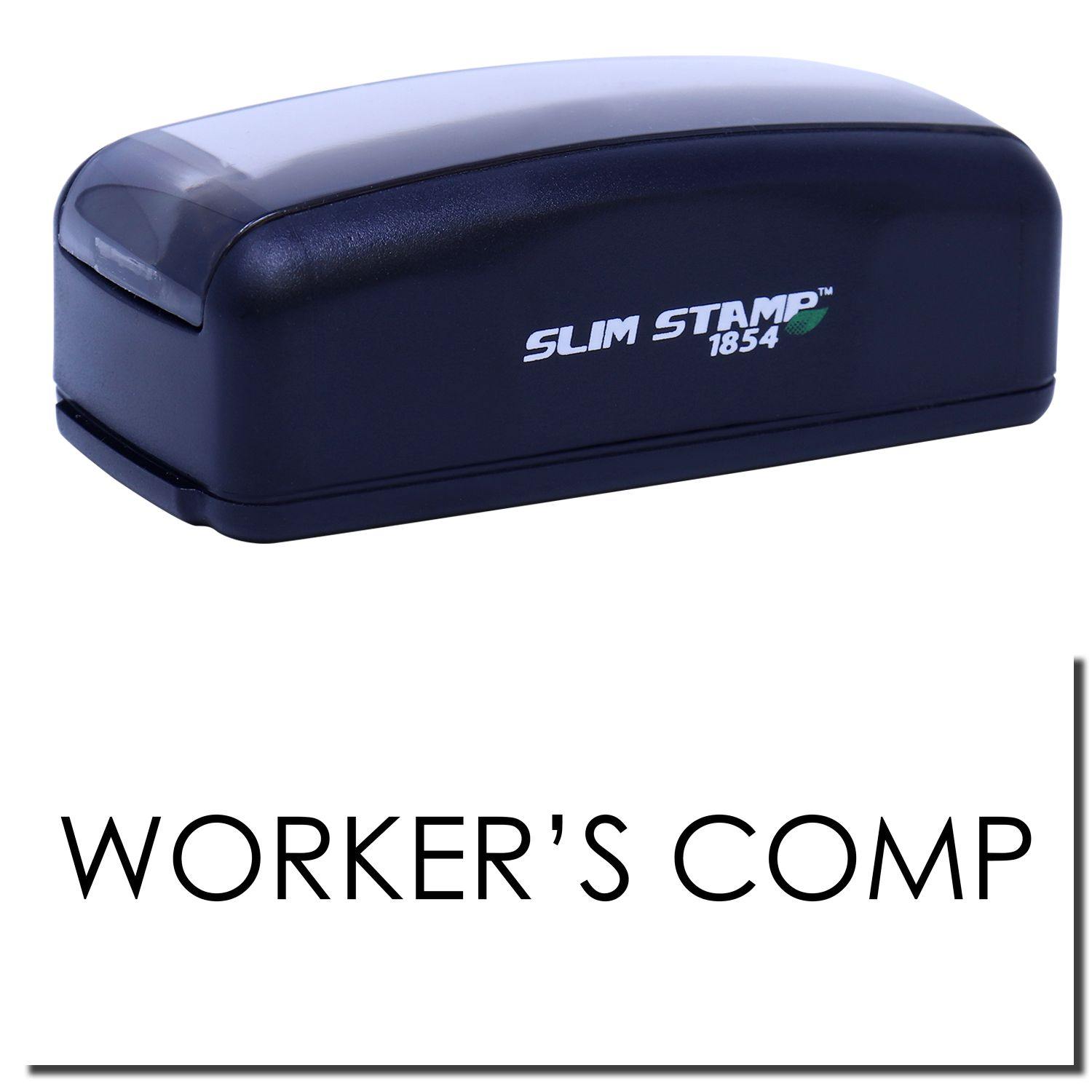 Large Pre-Inked Workers Comp Stamp in black with SLIM STAMP 1854 branding, shown with WORKER'S COMP text imprint.