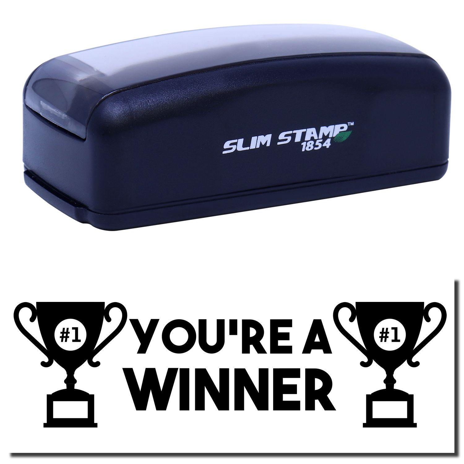 Large Pre-Inked You're a Winner Stamp in black with You're a Winner text and trophy icons stamped below.