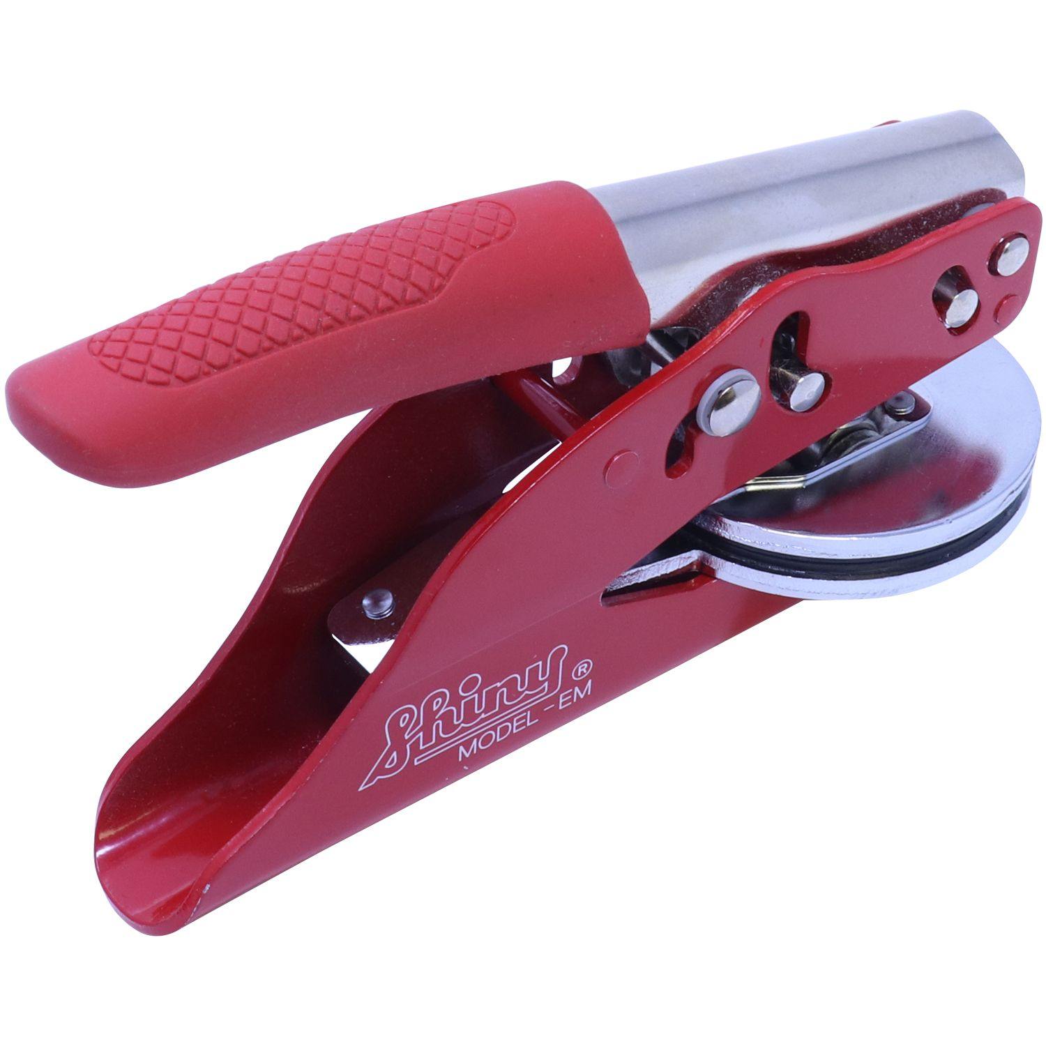 Forester Red Soft Seal Embosser with a red handle and metal components, designed for creating embossed imprints, shown in a side view.