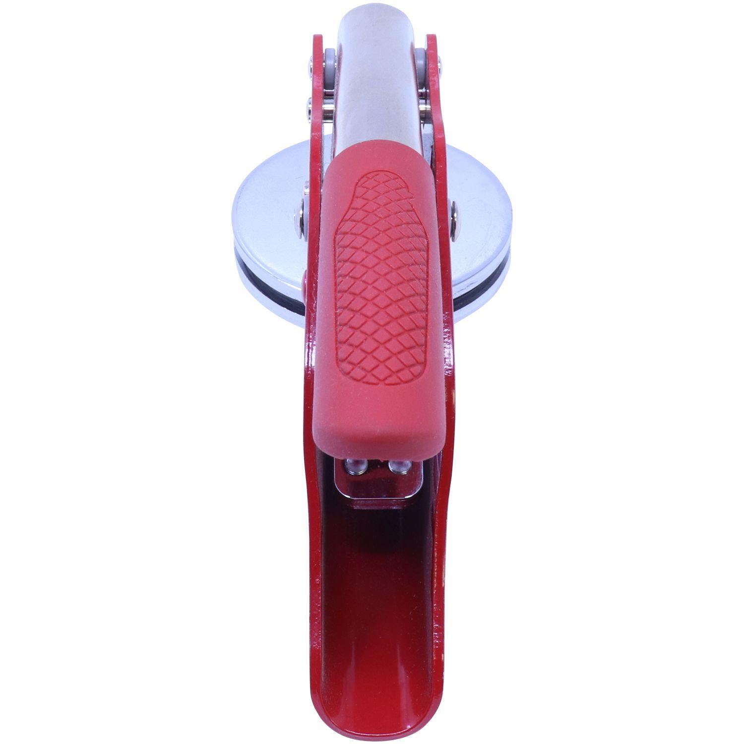 Forester Red Soft Seal Embosser with a red handle and silver circular base, viewed from the top, showcasing its ergonomic design.