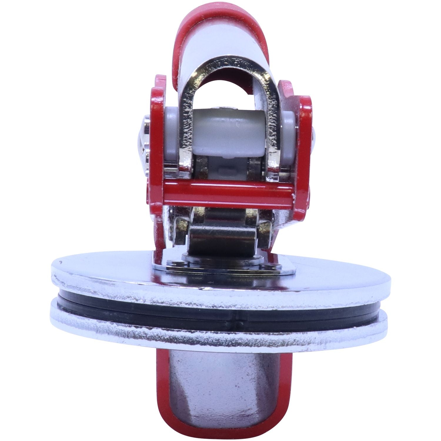 Red Soft Seal Notary Embosser, close-up front view, showing the detailed design and 2-inch imprint area.