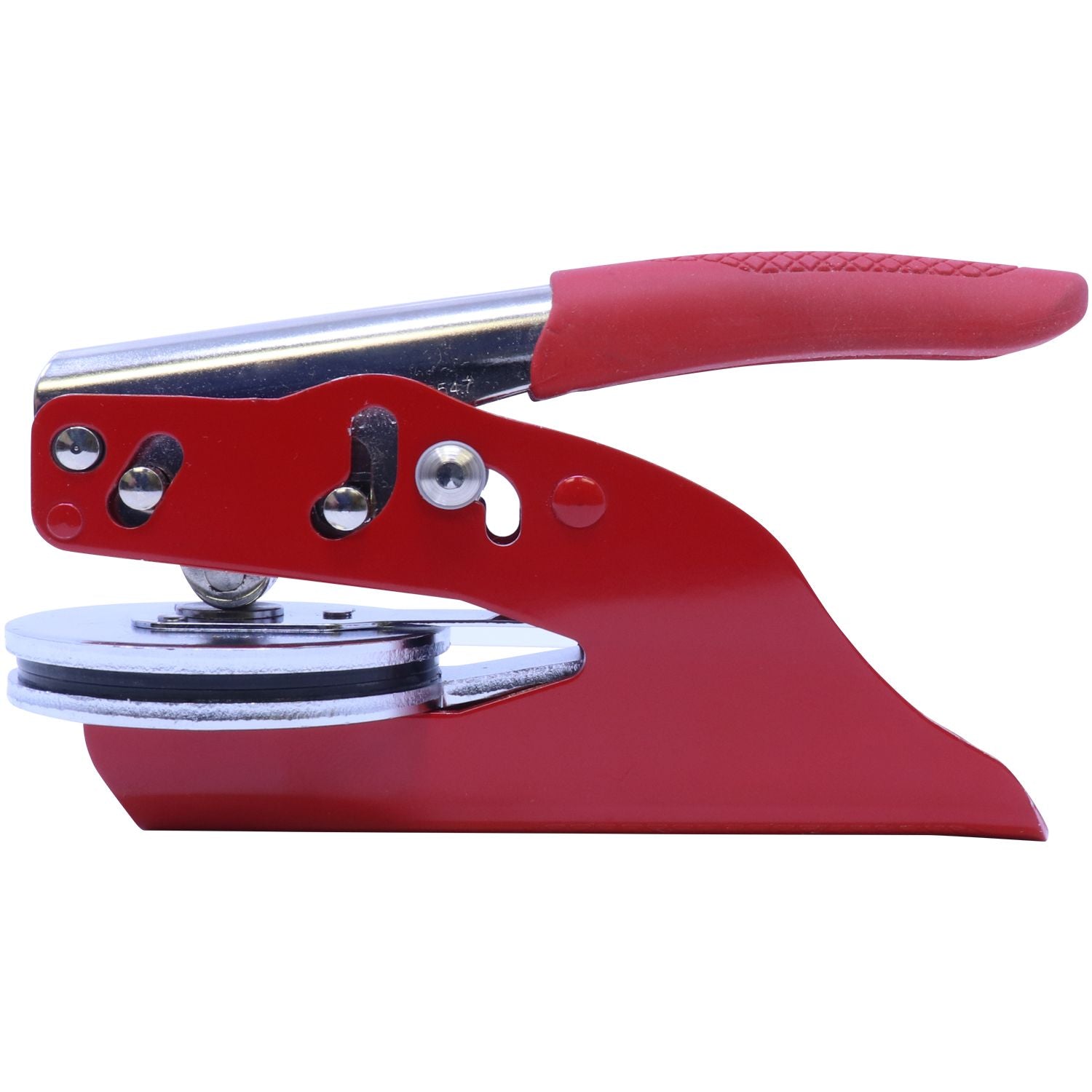 Red Soft Seal Notary Embosser with a red handle and metal components, designed for creating embossed imprints on documents.