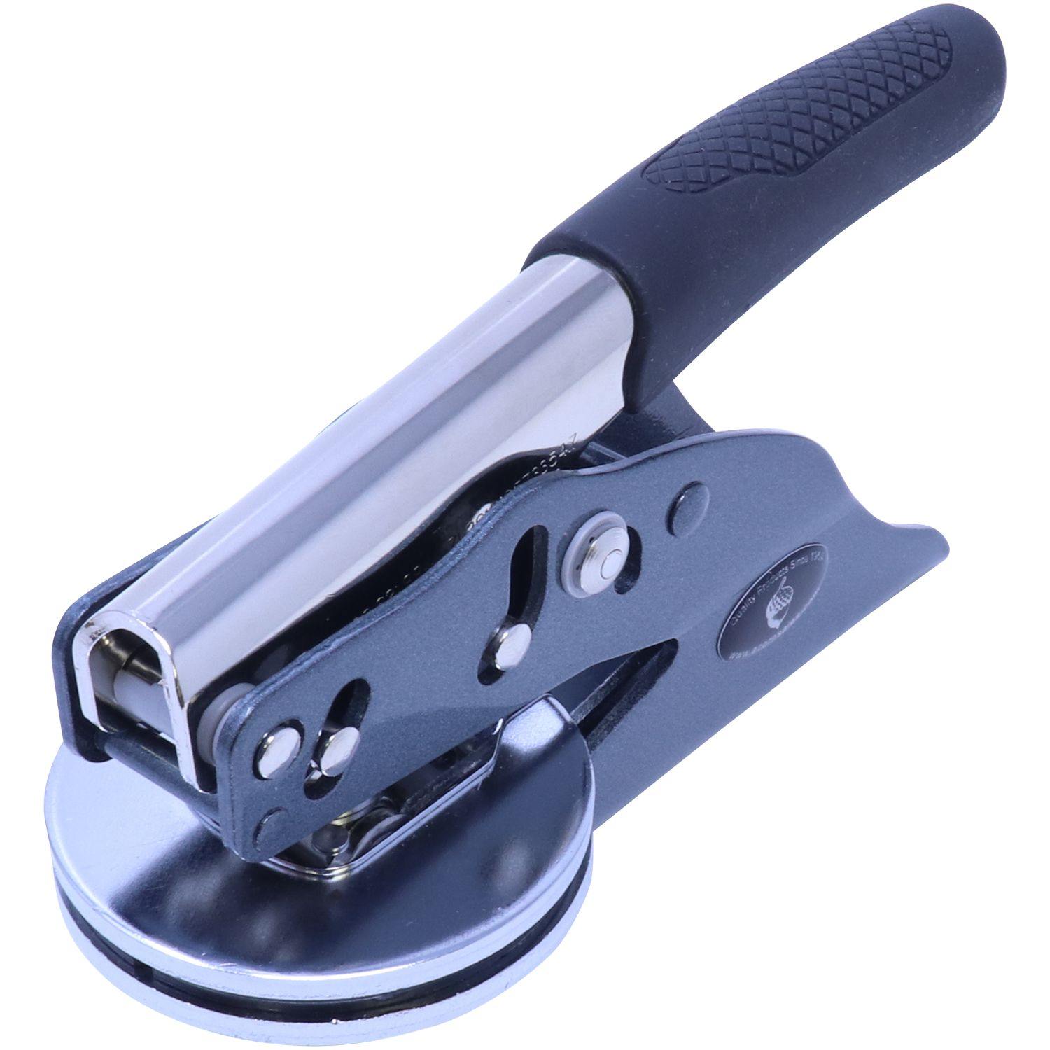 Image of the Architect Soft Handheld Seal Embosser, featuring a sleek metal design with a black ergonomic handle, angled left front view, showcasing the 2-inch imprint area.