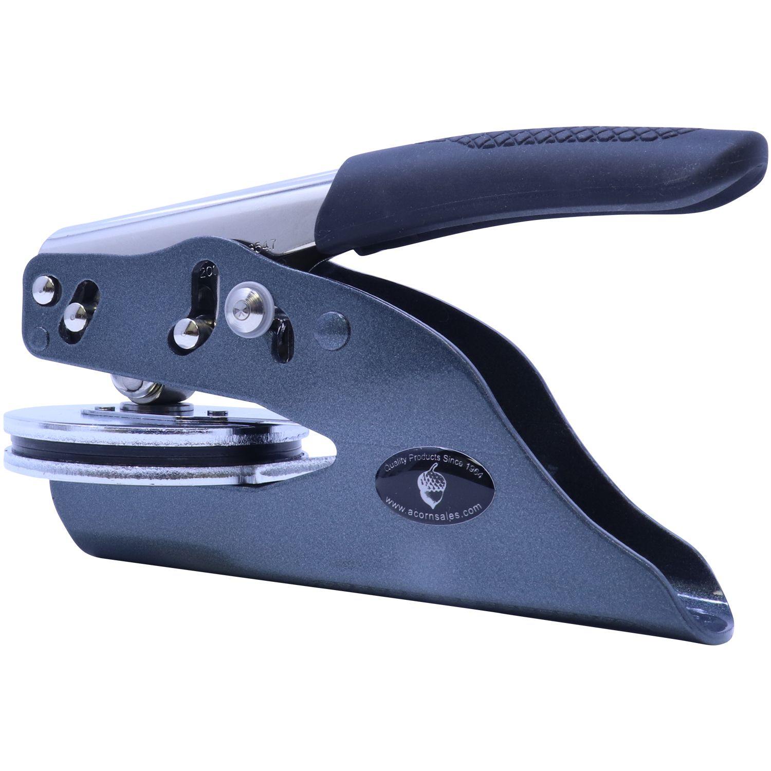 Side view of the Architect Soft Handheld Seal Embosser with a sleek black handle and metallic body, designed for creating precise embossed imprints.