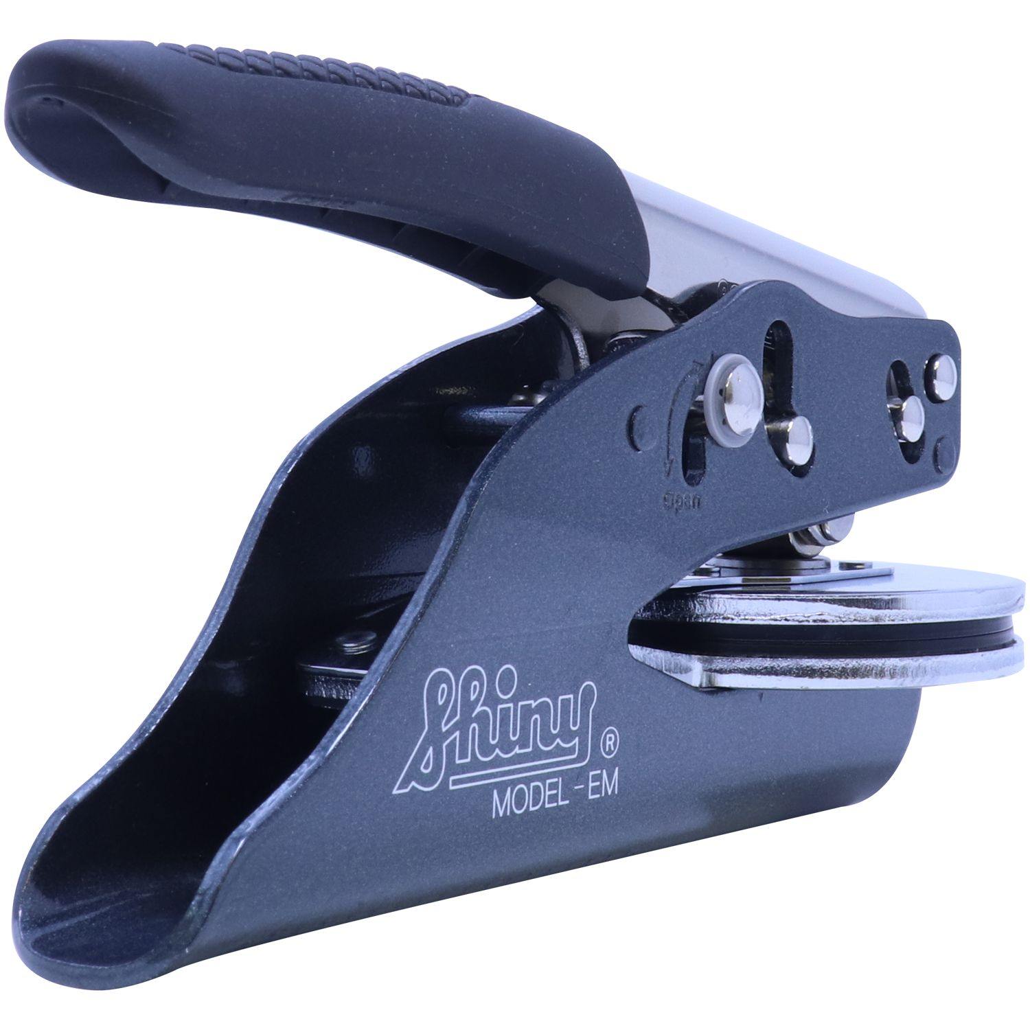 Close-up of the Architect Soft Handheld Seal Embosser, featuring a sleek black design with a comfortable grip handle and the Shiny Model-EM logo on the side.