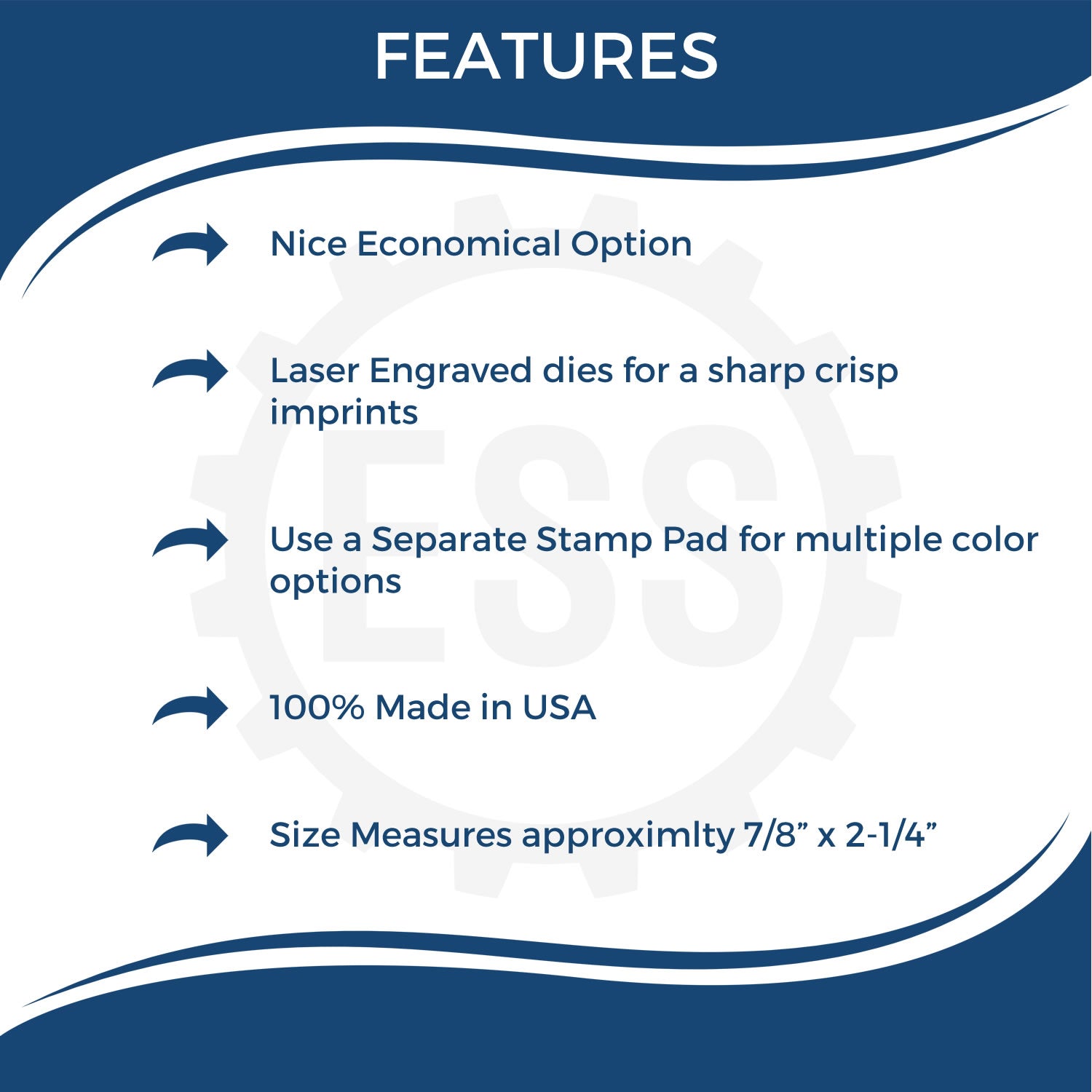 Infographic showing features of the Large Hot Document Rubber Stamp, including laser engraved dies, separate stamp pad use, and USA-made.