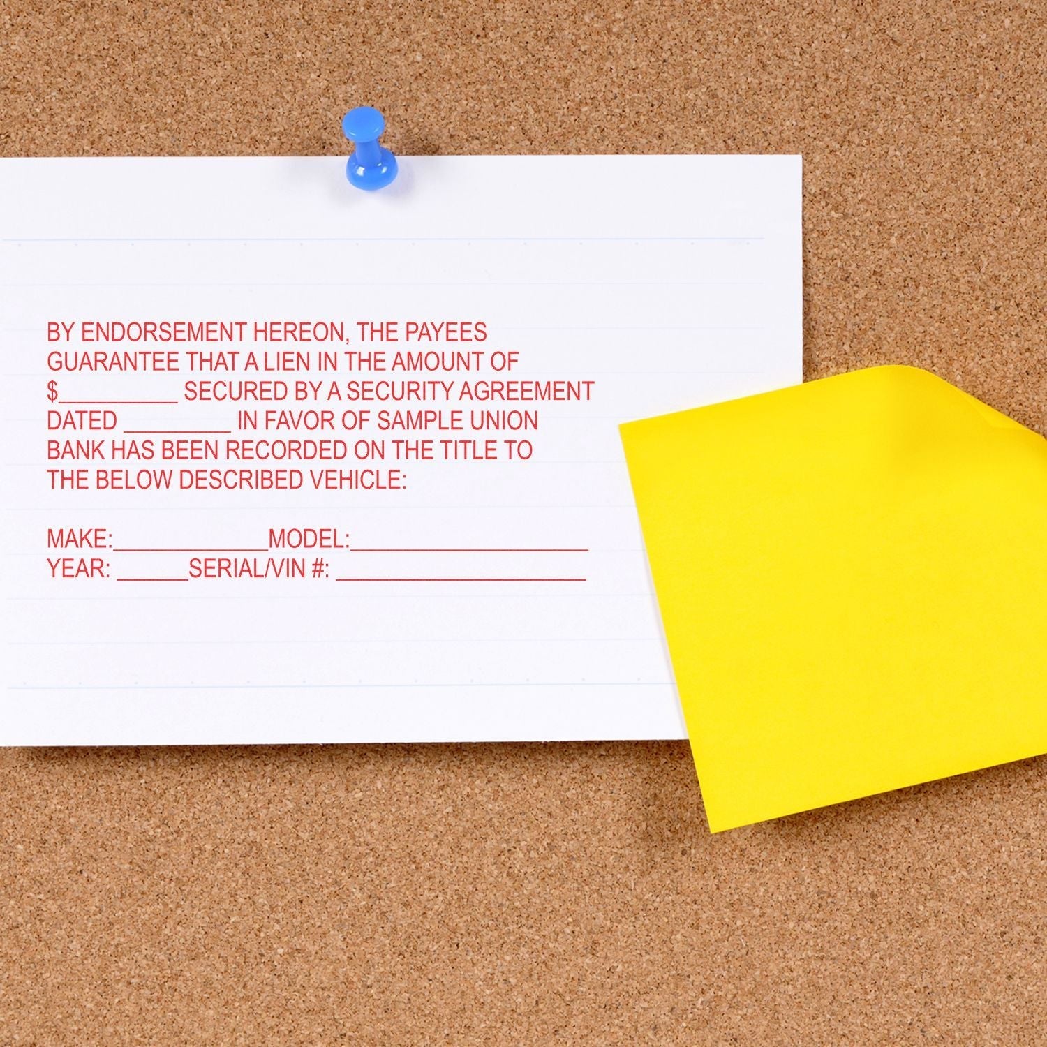 10 Line Custom Rubber Stamp with Wood Handle in use on a document pinned to a corkboard with a blue pushpin and a yellow sticky note.