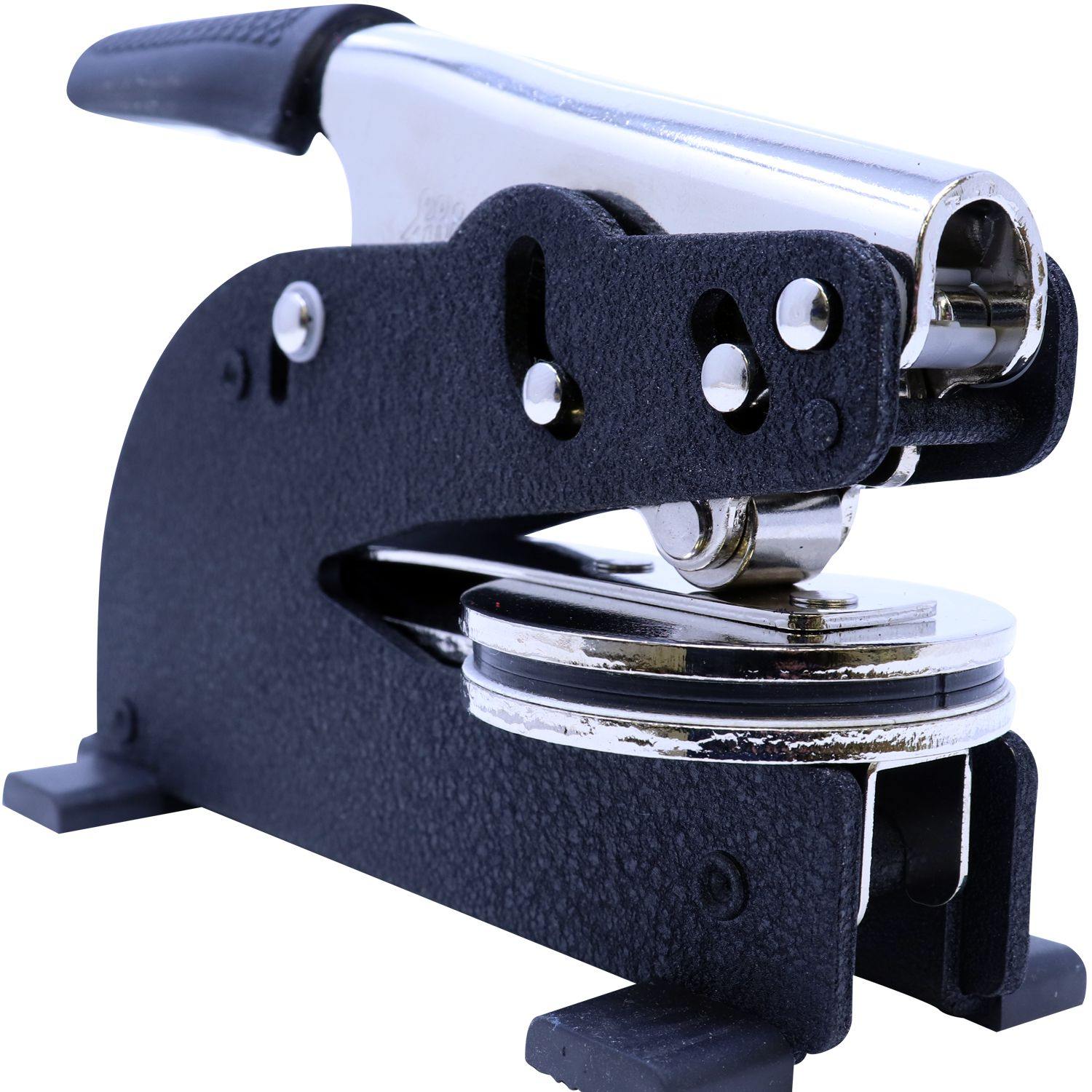 Public Weighmaster Long Reach Desk Seal Embosser in black and silver, angled front view, showing the lever and embossing mechanism.