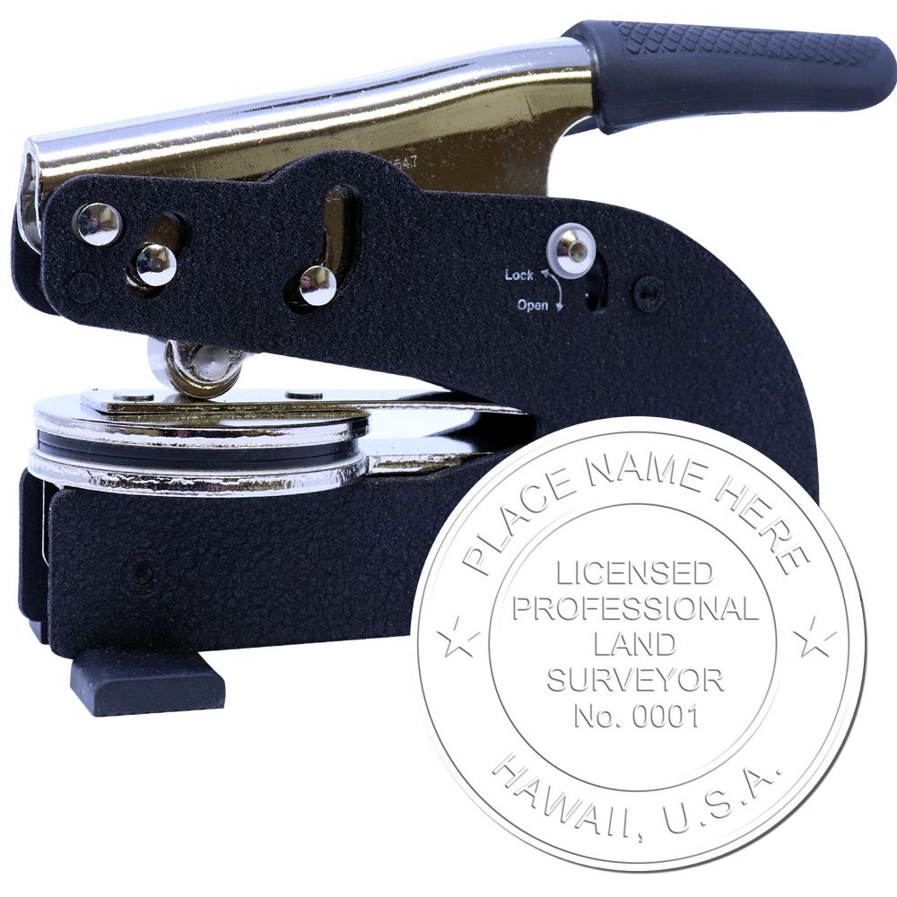 The main image for the Long Reach Hawaii Land Surveyor Seal depicting a sample of the imprint and electronic files