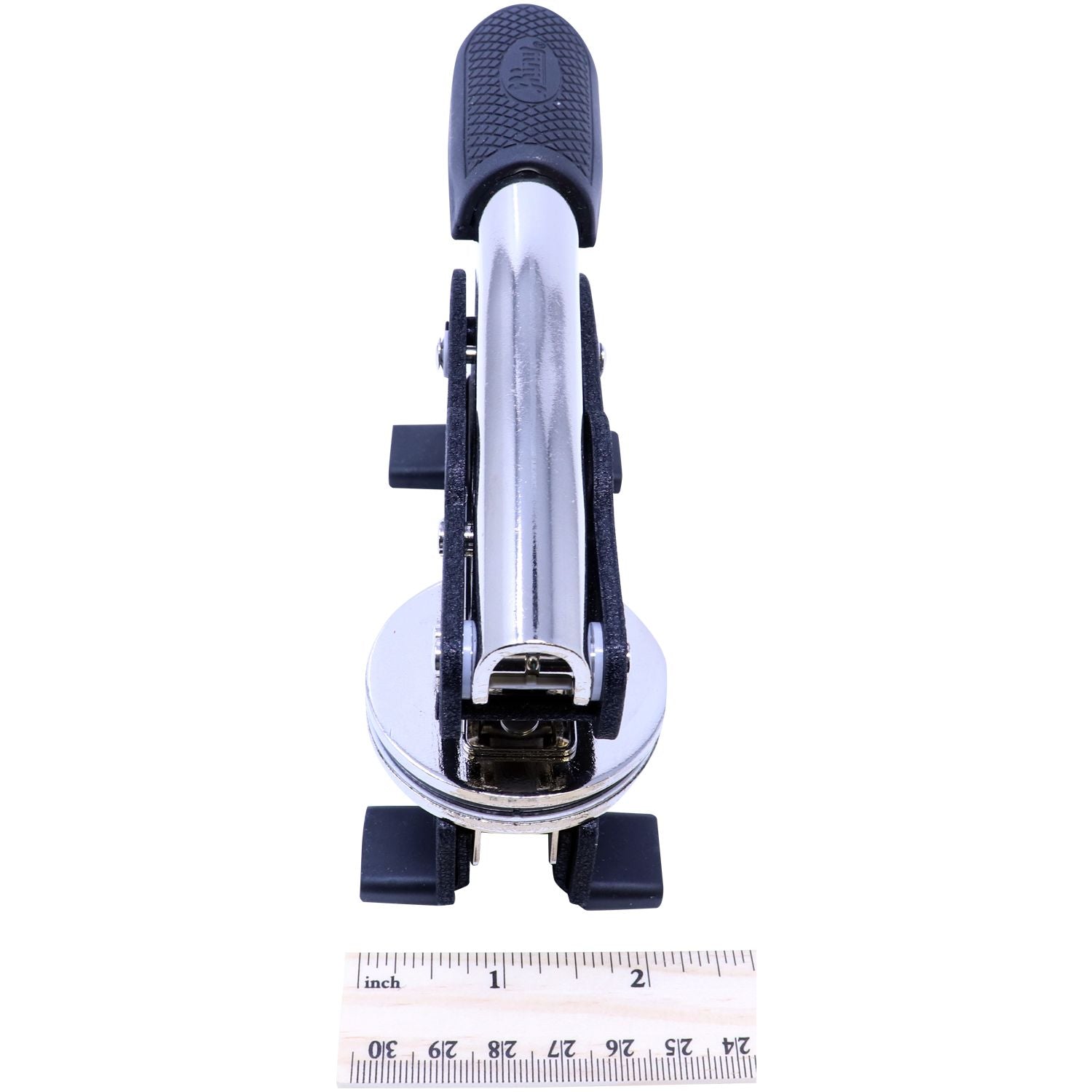 Image of the Professional Engineer Long Reach Desk Seal Embosser with a ruler showing its measurement. The embosser has a black handle and a metallic body, designed for precise and extended reach embossing.