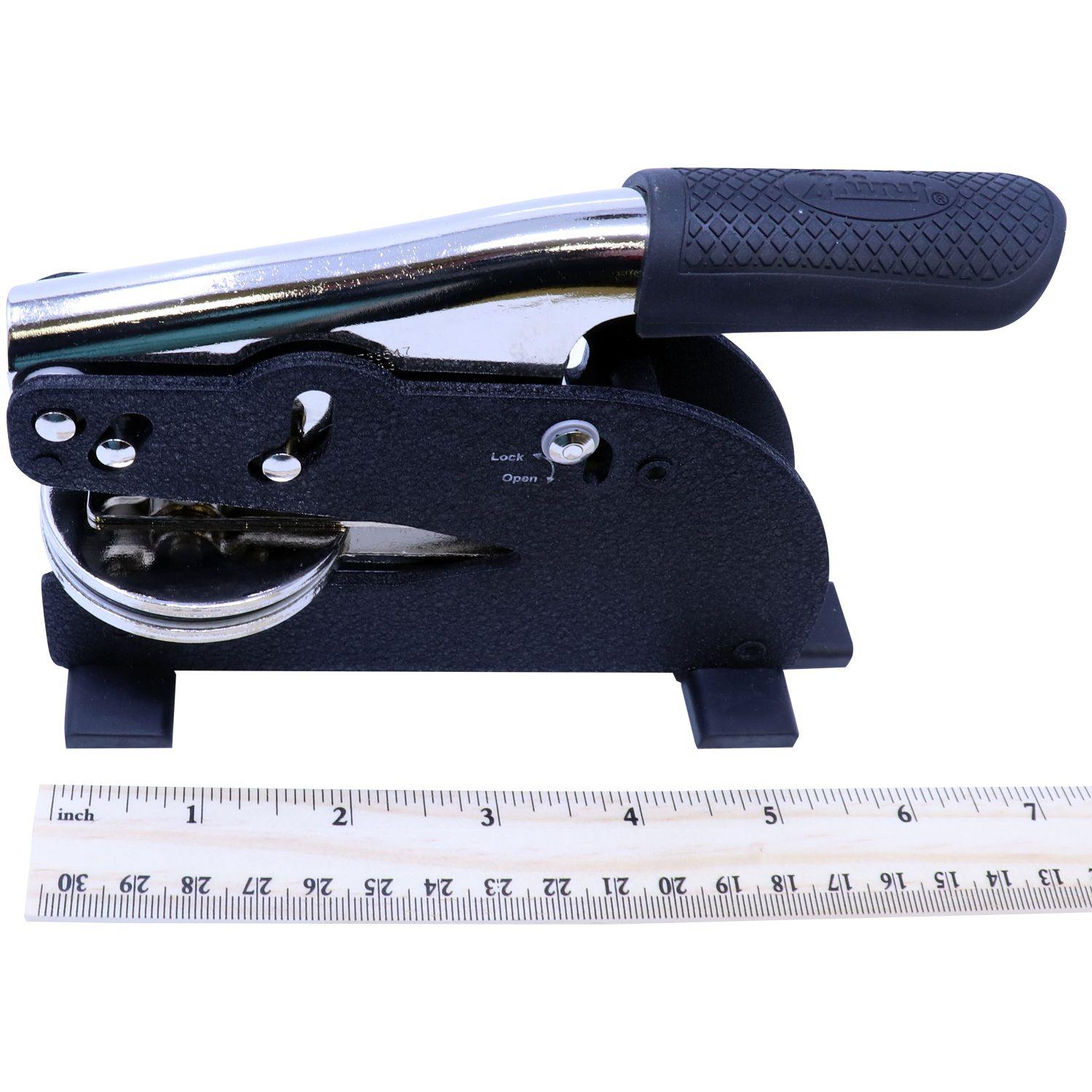 Engineering Geologist Long Reach Desk Seal Embosser with a black handle and metal components, shown next to a ruler for scale.