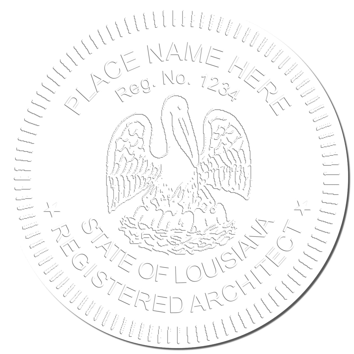 A photograph of the Louisiana Desk Architect Embossing Seal stamp impression reveals a vivid, professional image of the on paper.