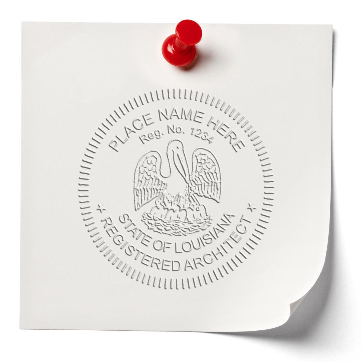 A lifestyle photo showing a stamped image of the Louisiana Desk Architect Embossing Seal on a piece of paper