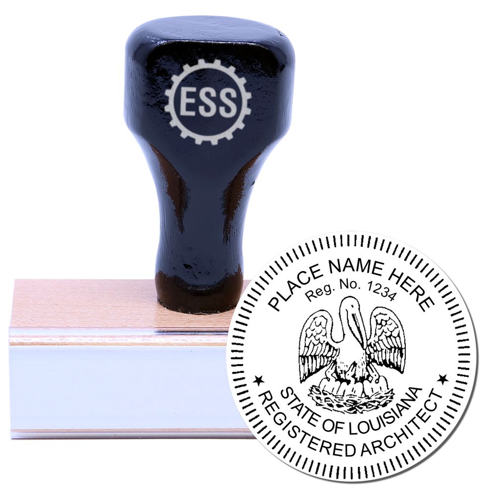 Louisiana Architect Seal Stamp with wooden handle and rubber base, featuring a pelican emblem and space for name and registration number.