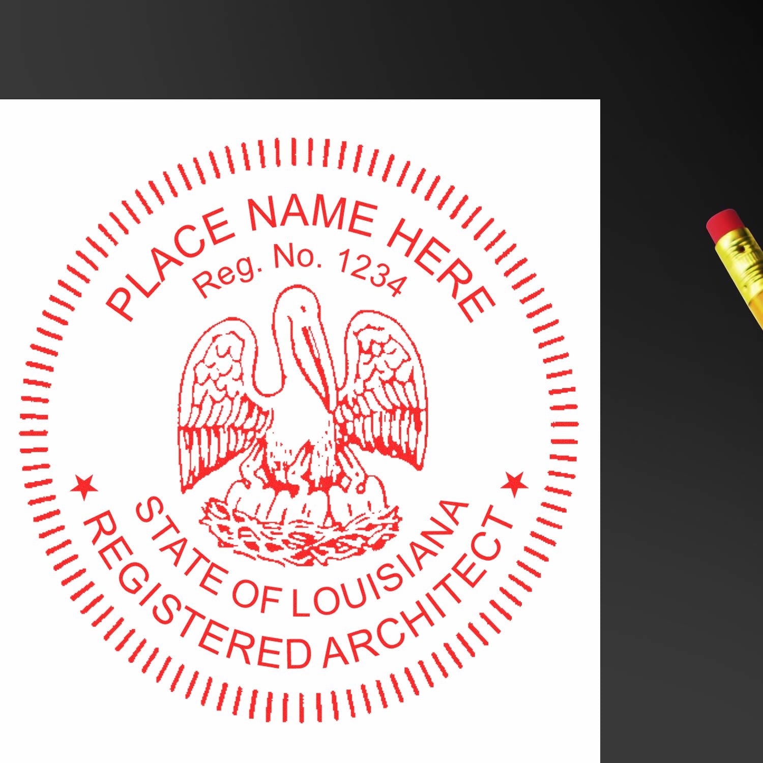 Digital Louisiana Architect Stamp, Electronic Seal for Louisiana Architect, red stamp with pelican and text State of Louisiana Registered Architect .