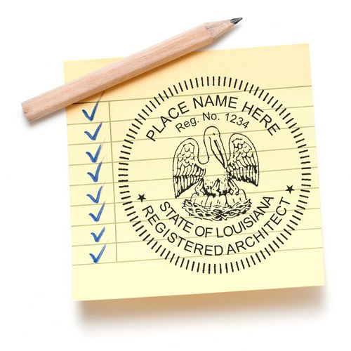 Louisiana Architect Seal Stamp on a yellow notepad with a pencil and blue checkmarks.