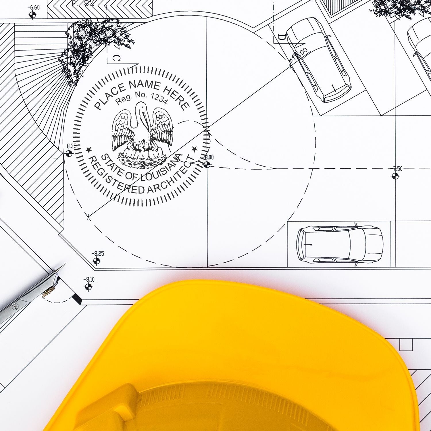 Premium MaxLight Pre-Inked Louisiana Architectural Stamp in use on a detailed architectural blueprint with a yellow hard hat nearby.