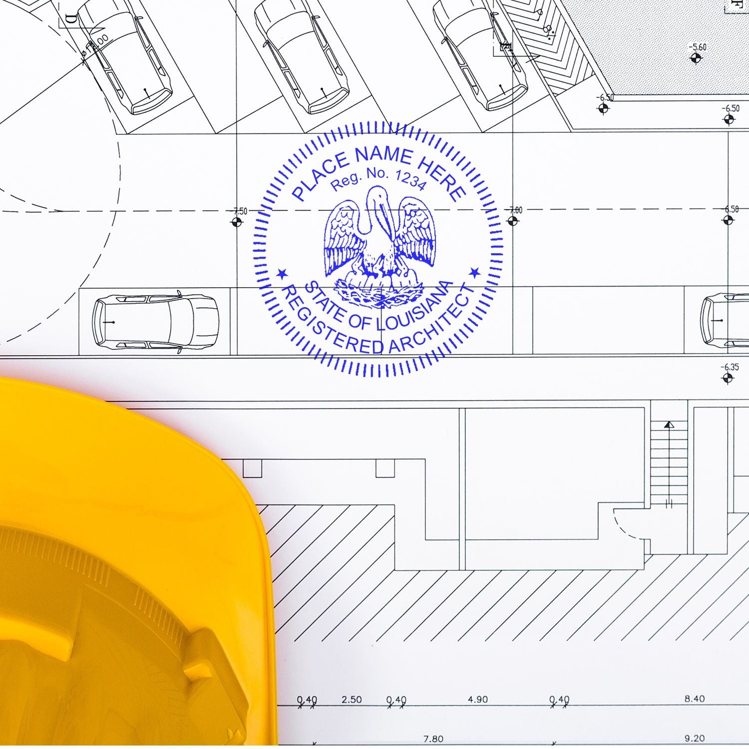 Louisiana Architect Seal Stamp on architectural blueprint with a yellow hard hat in the foreground.