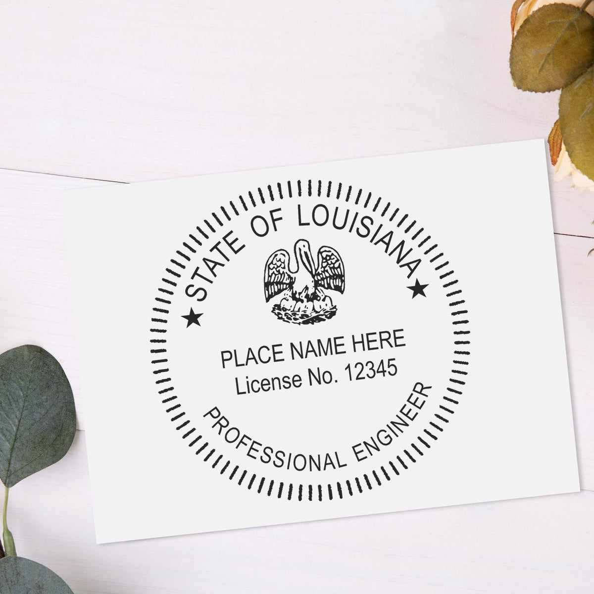 A stamped impression of the Self-Inking Louisiana PE Stamp in this stylish lifestyle photo, setting the tone for a unique and personalized product.