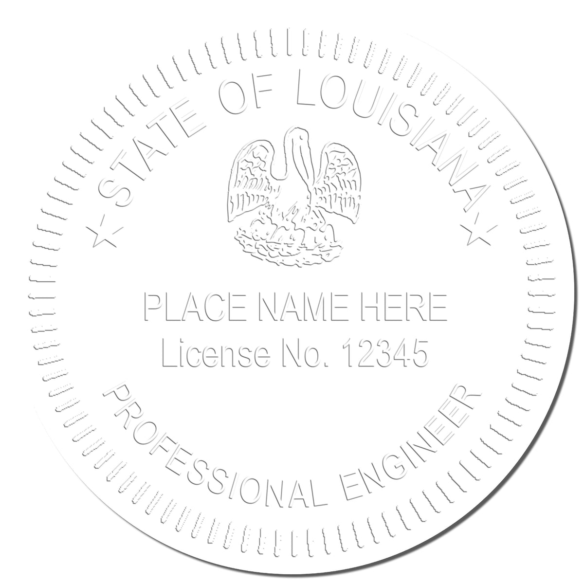 A photograph of the Handheld Louisiana Professional Engineer Embosser stamp impression reveals a vivid, professional image of the on paper.