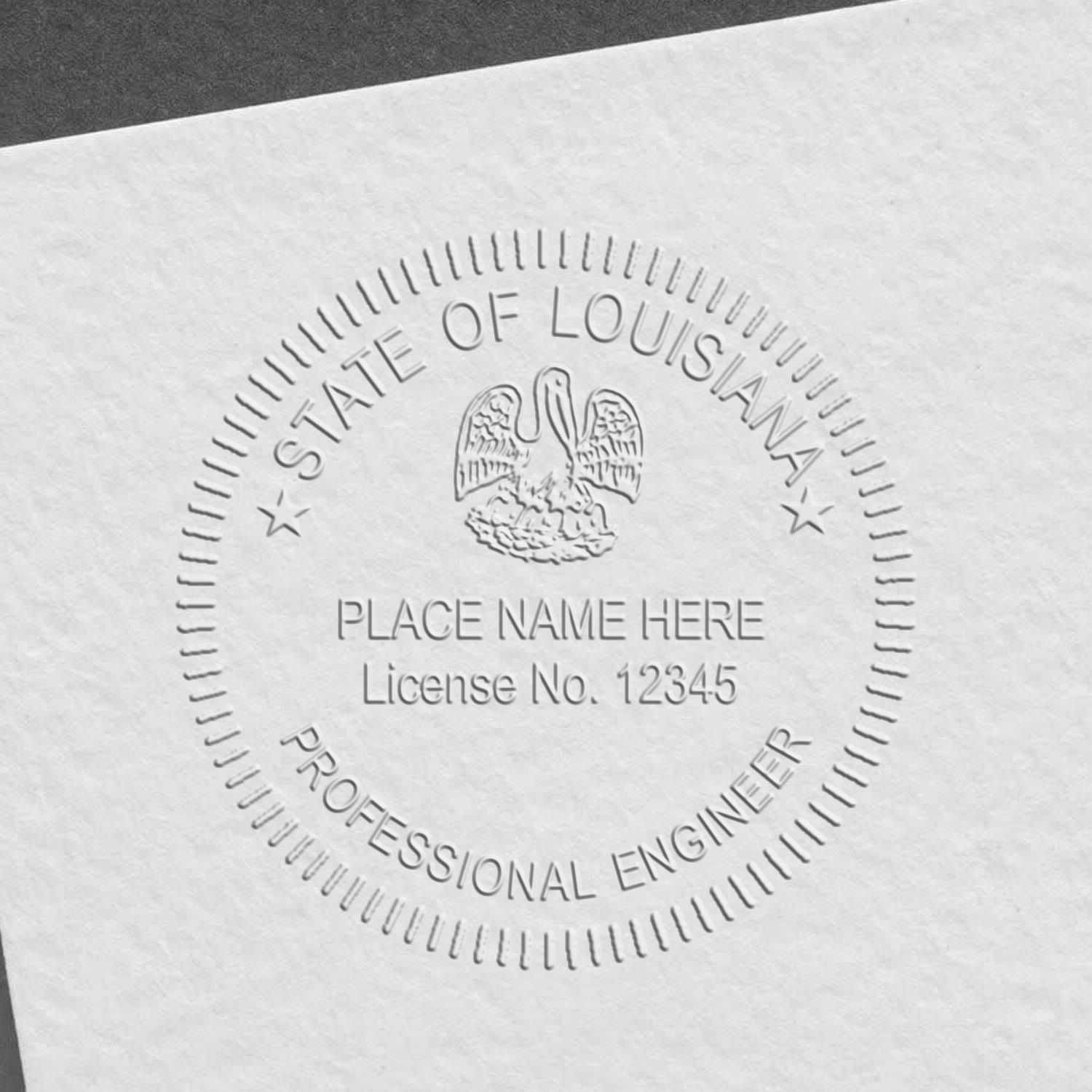 A lifestyle photo showing a stamped image of the Handheld Louisiana Professional Engineer Embosser on a piece of paper