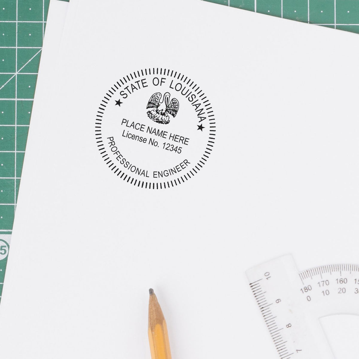 An alternative view of the Slim Pre-Inked Louisiana Professional Engineer Seal Stamp stamped on a sheet of paper showing the image in use