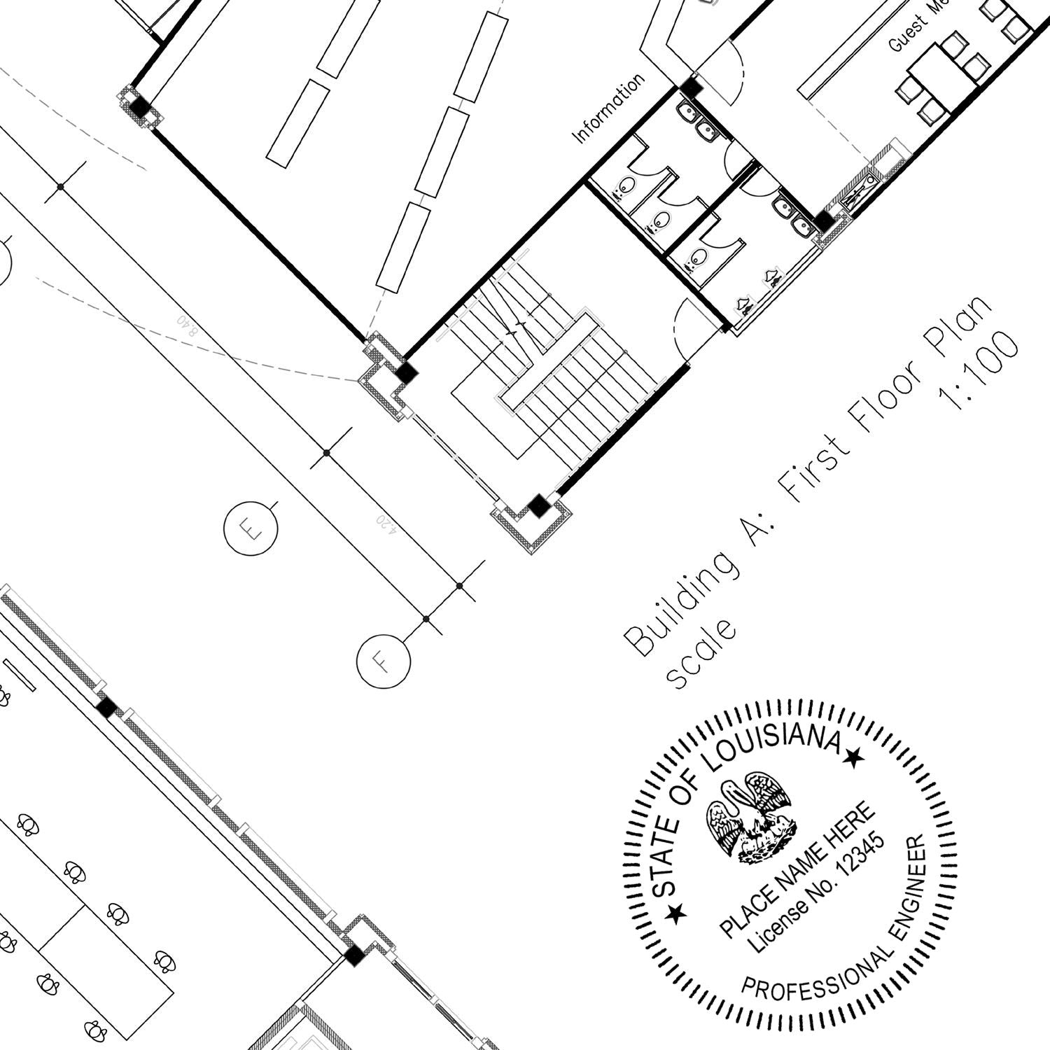 A photograph of the Louisiana Professional Engineer Seal Stamp stamp impression reveals a vivid, professional image of the on paper.