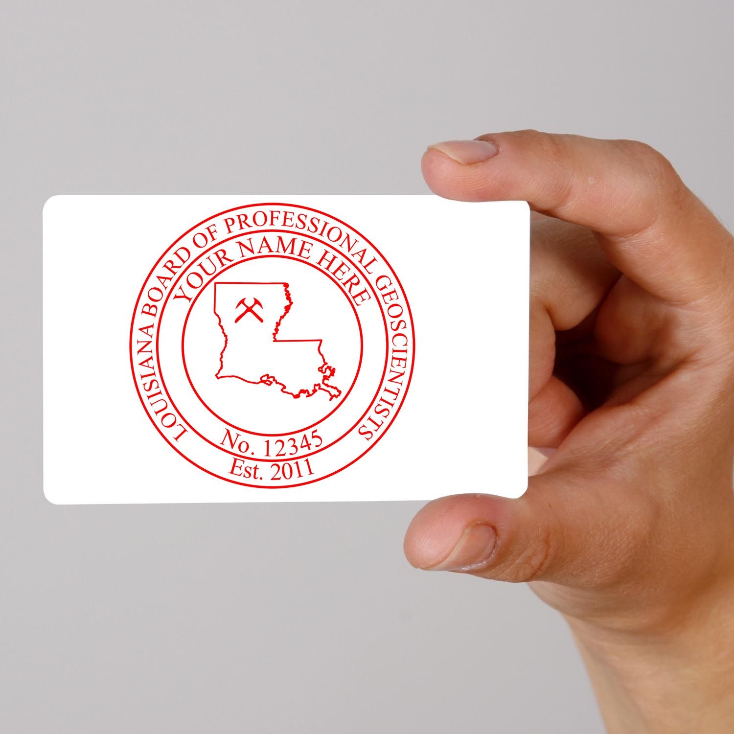 A stamped imprint of the Slim Pre-Inked Louisiana Professional Geologist Seal Stamp in this stylish lifestyle photo, setting the tone for a unique and personalized product.