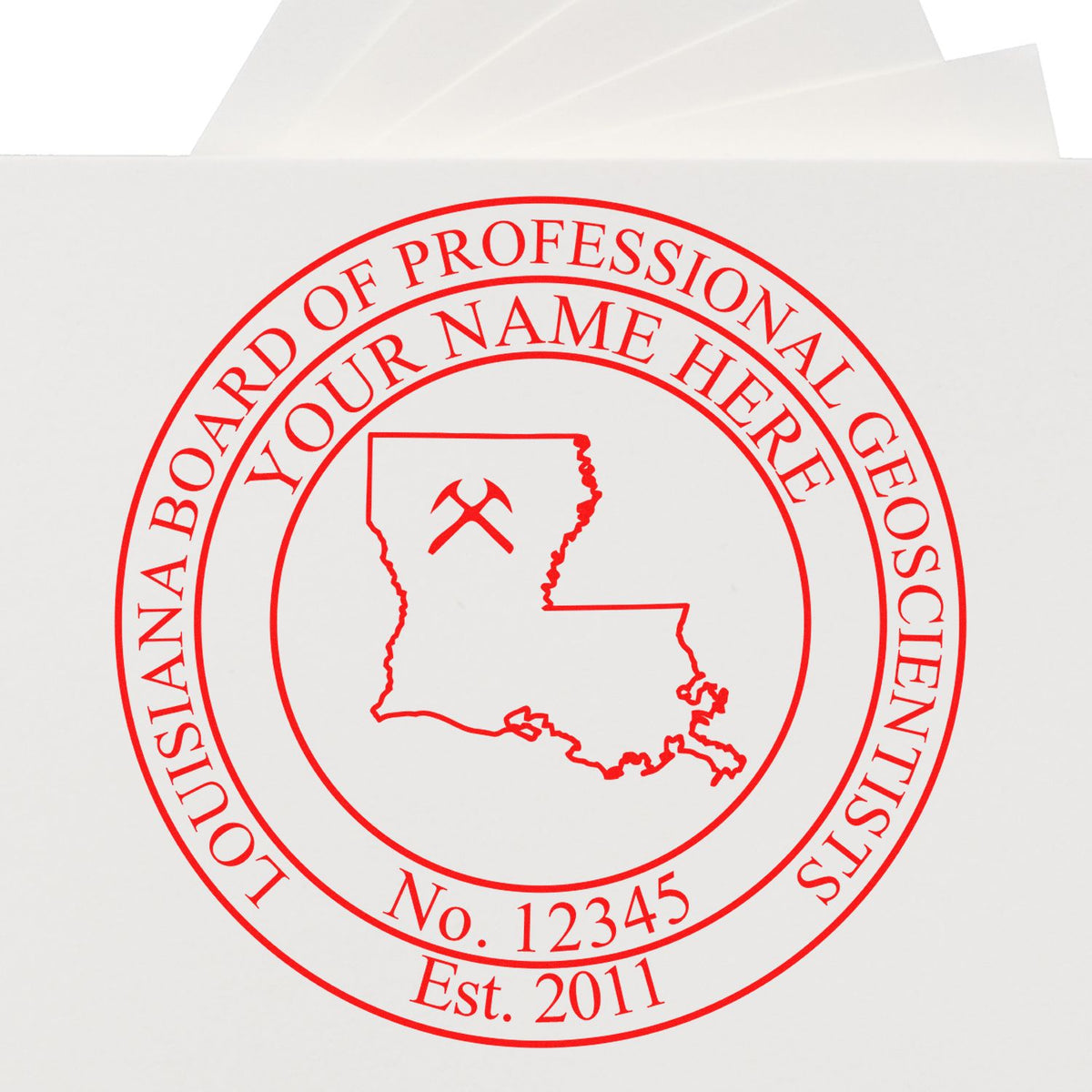 An in use photo of the Louisiana Professional Geologist Seal Stamp showing a sample imprint on a cardstock