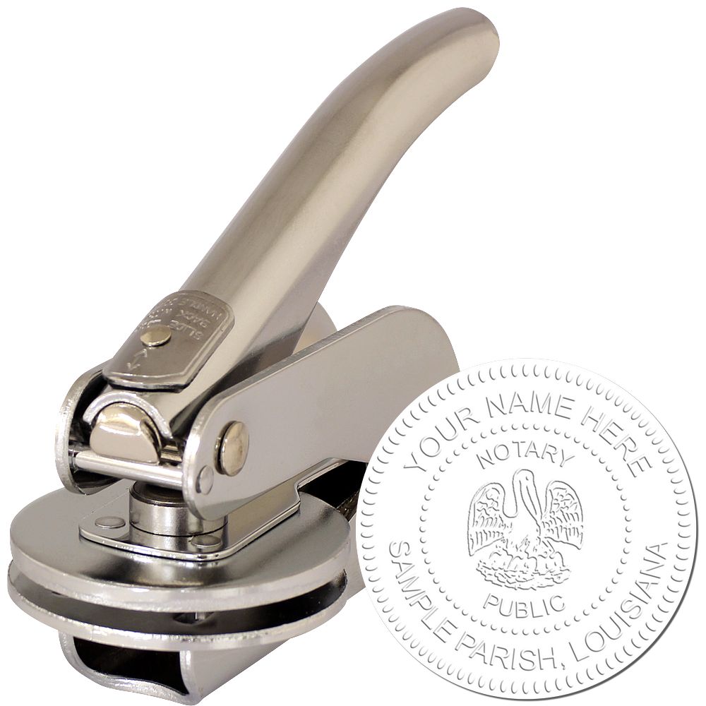 The main image for the Louisiana Handheld Notary Seal Embosser depicting a sample of the imprint and electronic files