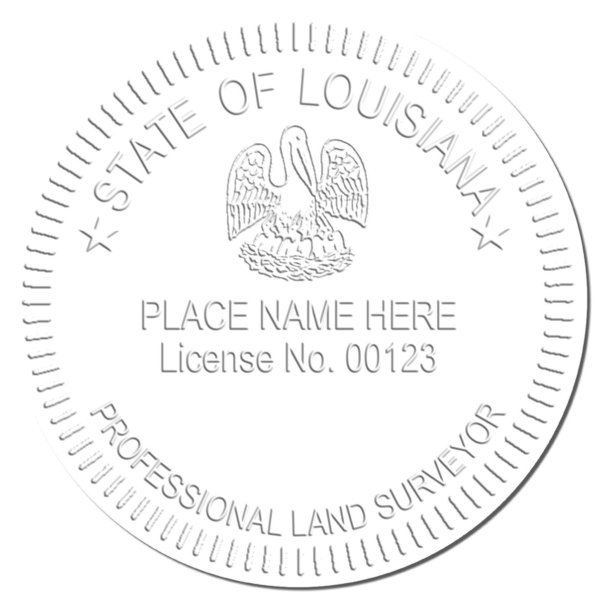 This paper is stamped with a sample imprint of the Extended Long Reach Louisiana Surveyor Embosser, signifying its quality and reliability.