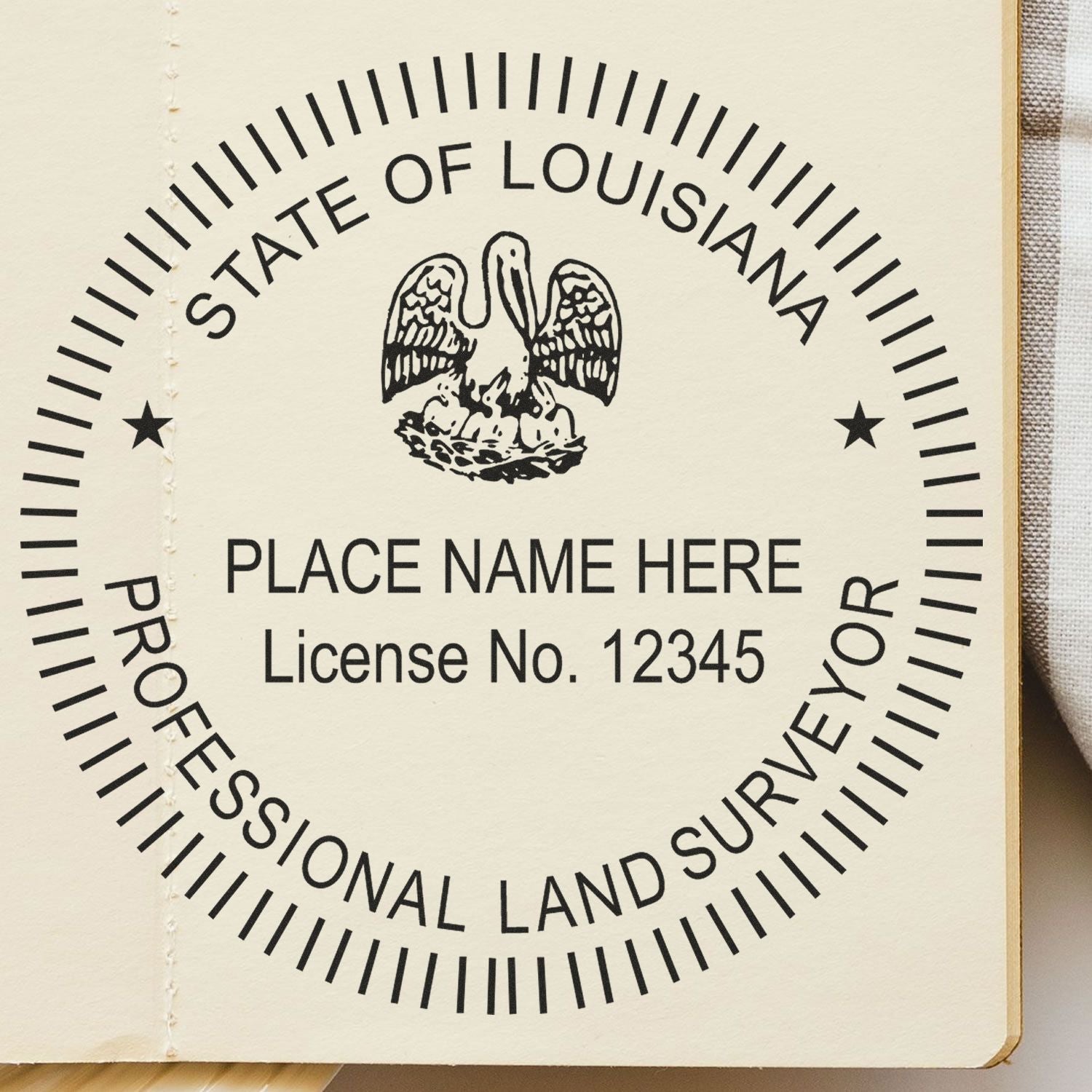 Louisiana Land Surveyor Seal Stamp, LA PLS Stamp with customizable place name and license number, featuring a pelican emblem.