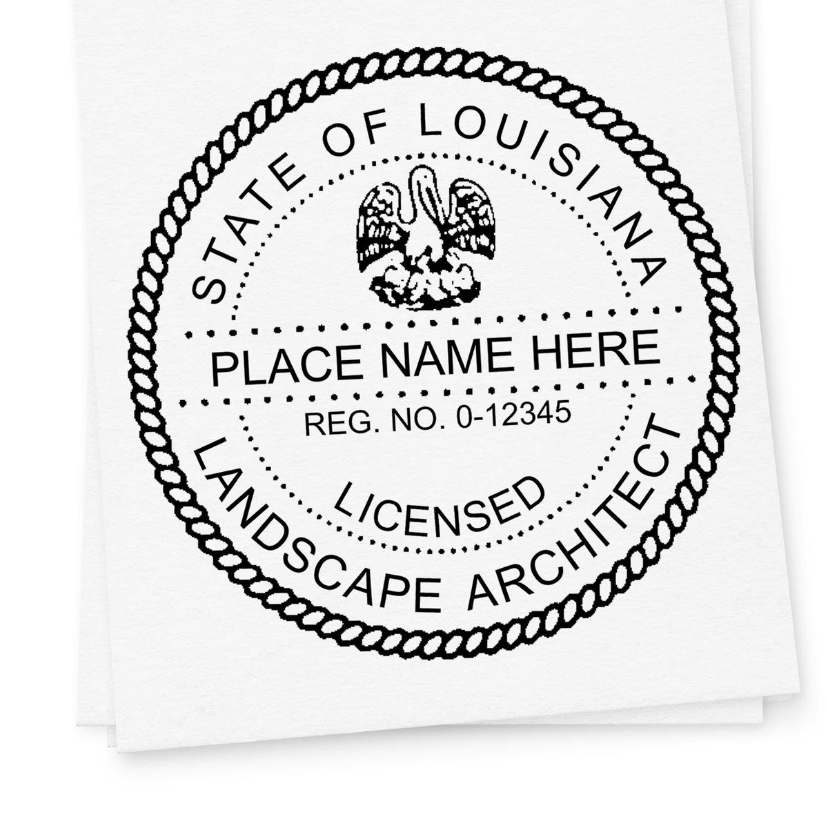 A lifestyle photo showing a stamped image of the Louisiana Landscape Architectural Seal Stamp on a piece of paper