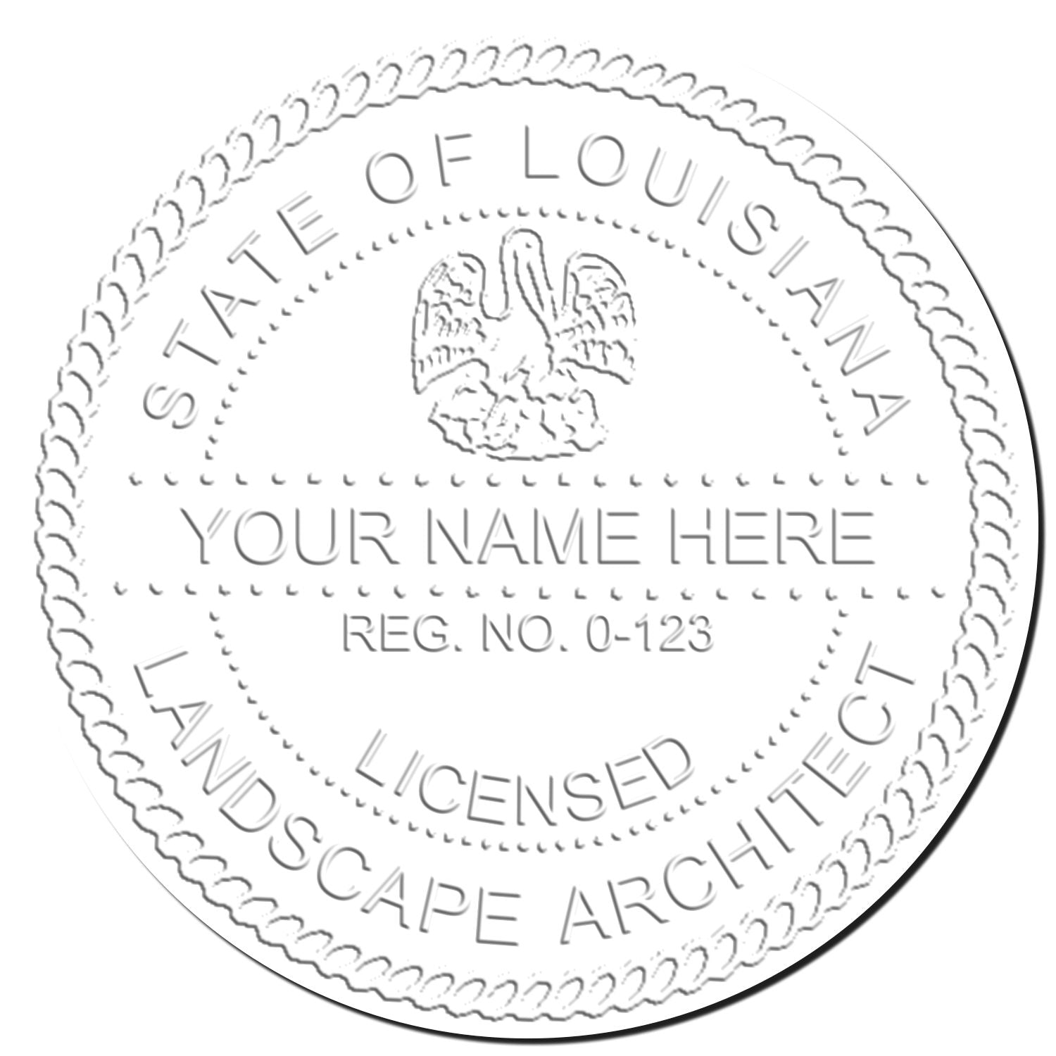 This paper is stamped with a sample imprint of the State of Louisiana Handheld Landscape Architect Seal, signifying its quality and reliability.