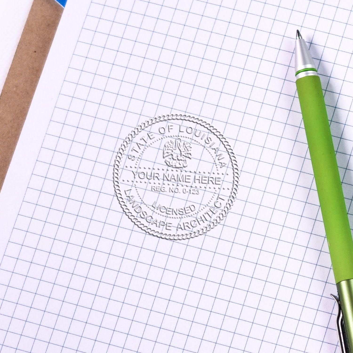 The State of Louisiana Handheld Landscape Architect Seal stamp impression comes to life with a crisp, detailed photo on paper - showcasing true professional quality.