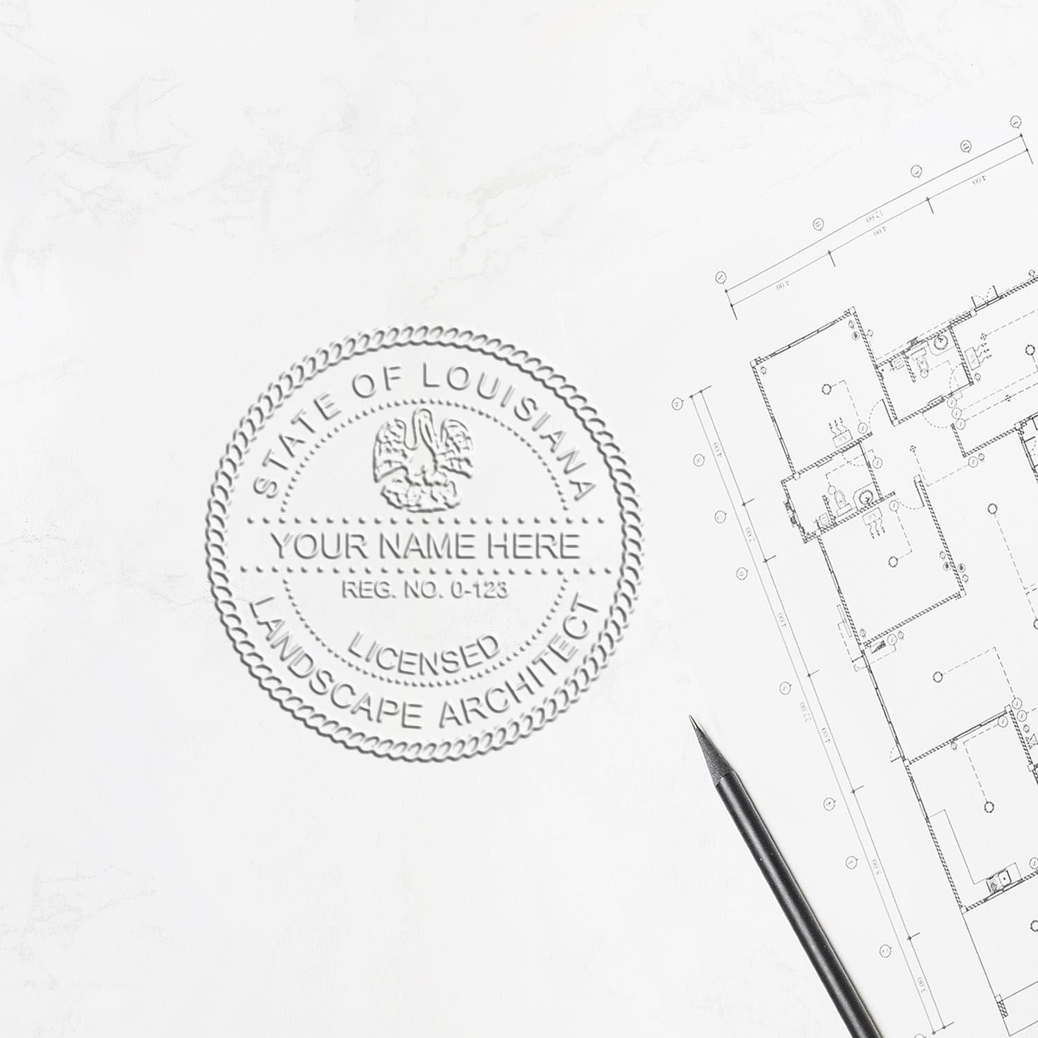 A photograph of the State of Louisiana Extended Long Reach Landscape Architect Seal Embosser stamp impression reveals a vivid, professional image of the on paper.