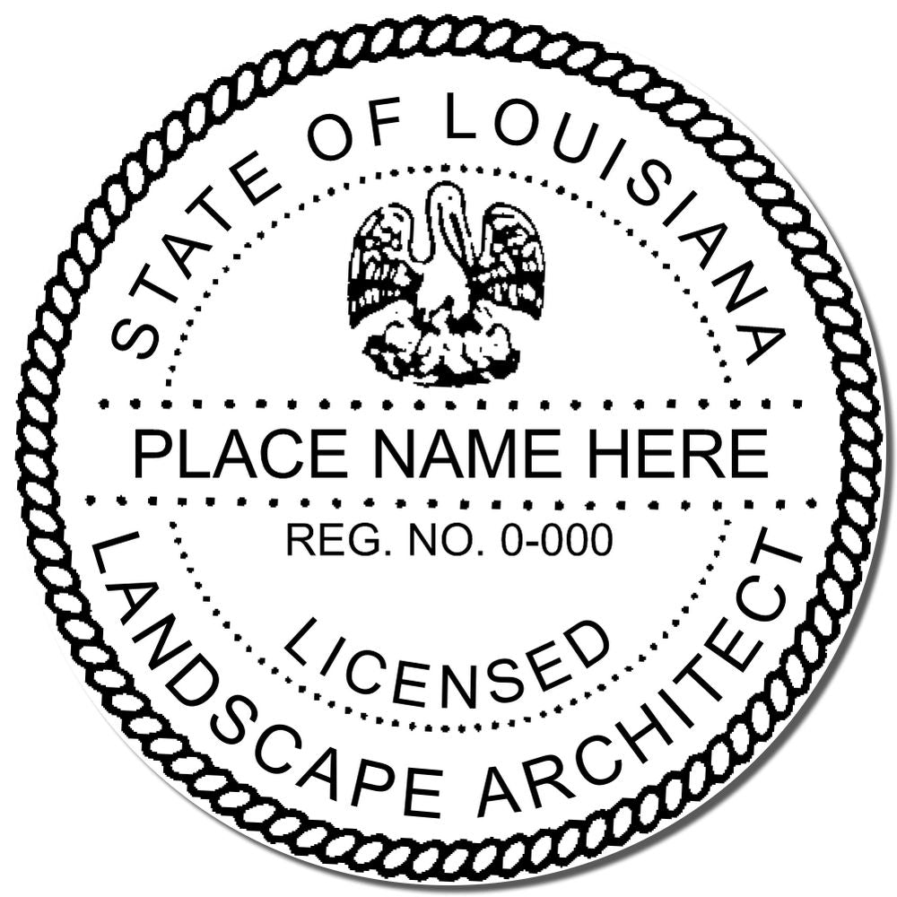 A lifestyle photo showing a stamped image of the Slim Pre-Inked Louisiana Landscape Architect Seal Stamp on a piece of paper