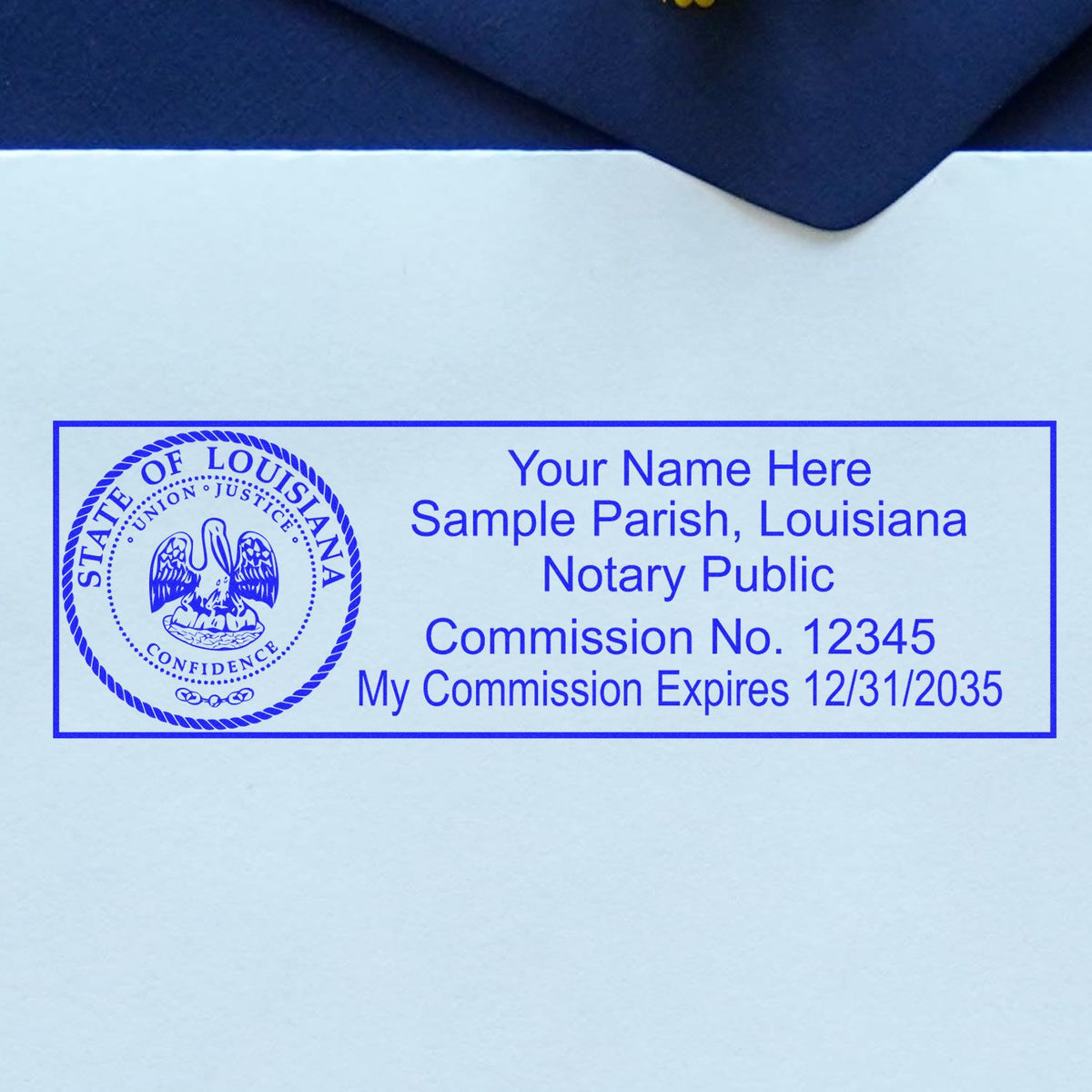 A lifestyle photo showing a stamped image of the Wooden Handle Louisiana State Seal Notary Public Stamp on a piece of paper