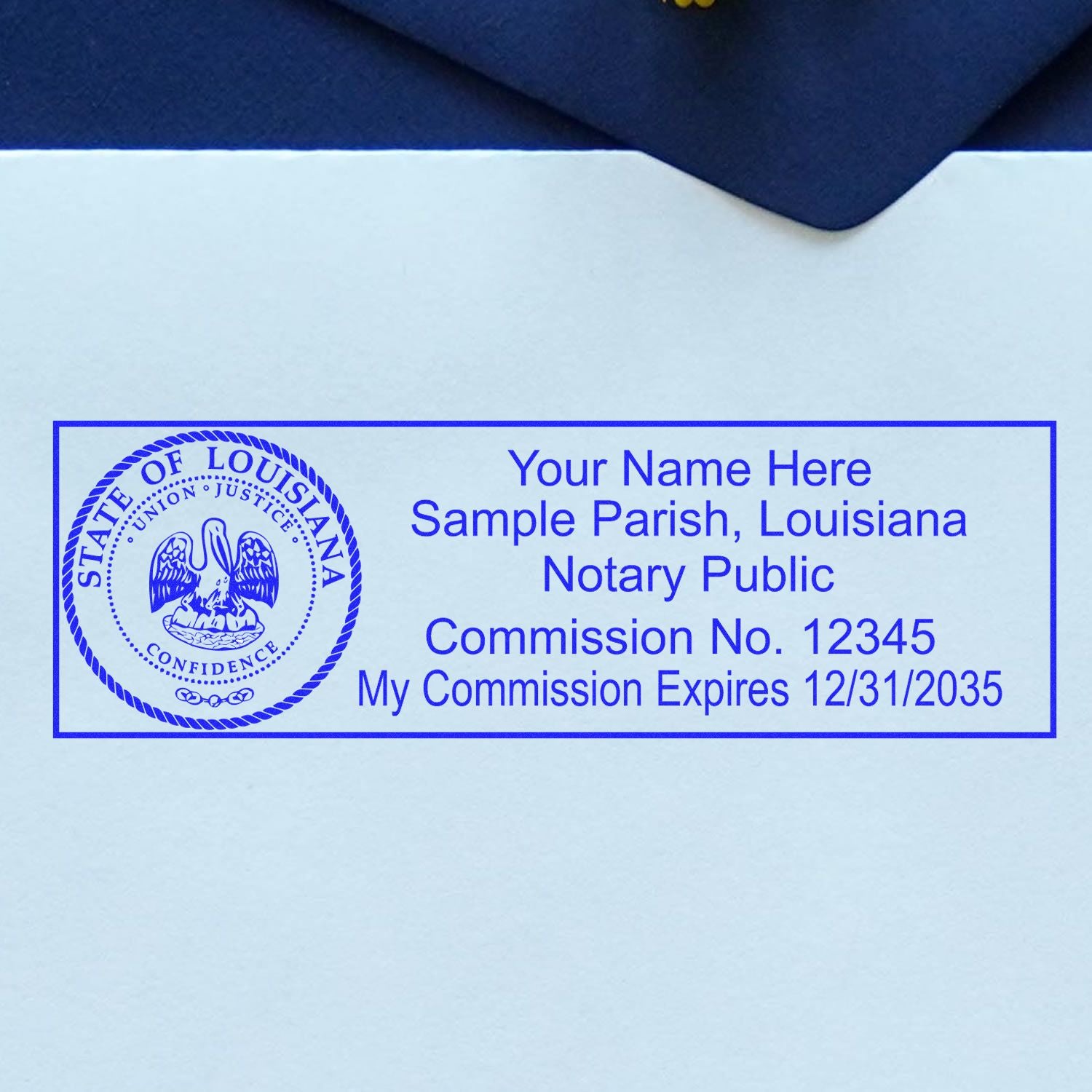 A stamped impression of the MaxLight Premium Pre-Inked Louisiana State Seal Notarial Stamp in this stylish lifestyle photo, setting the tone for a unique and personalized product.