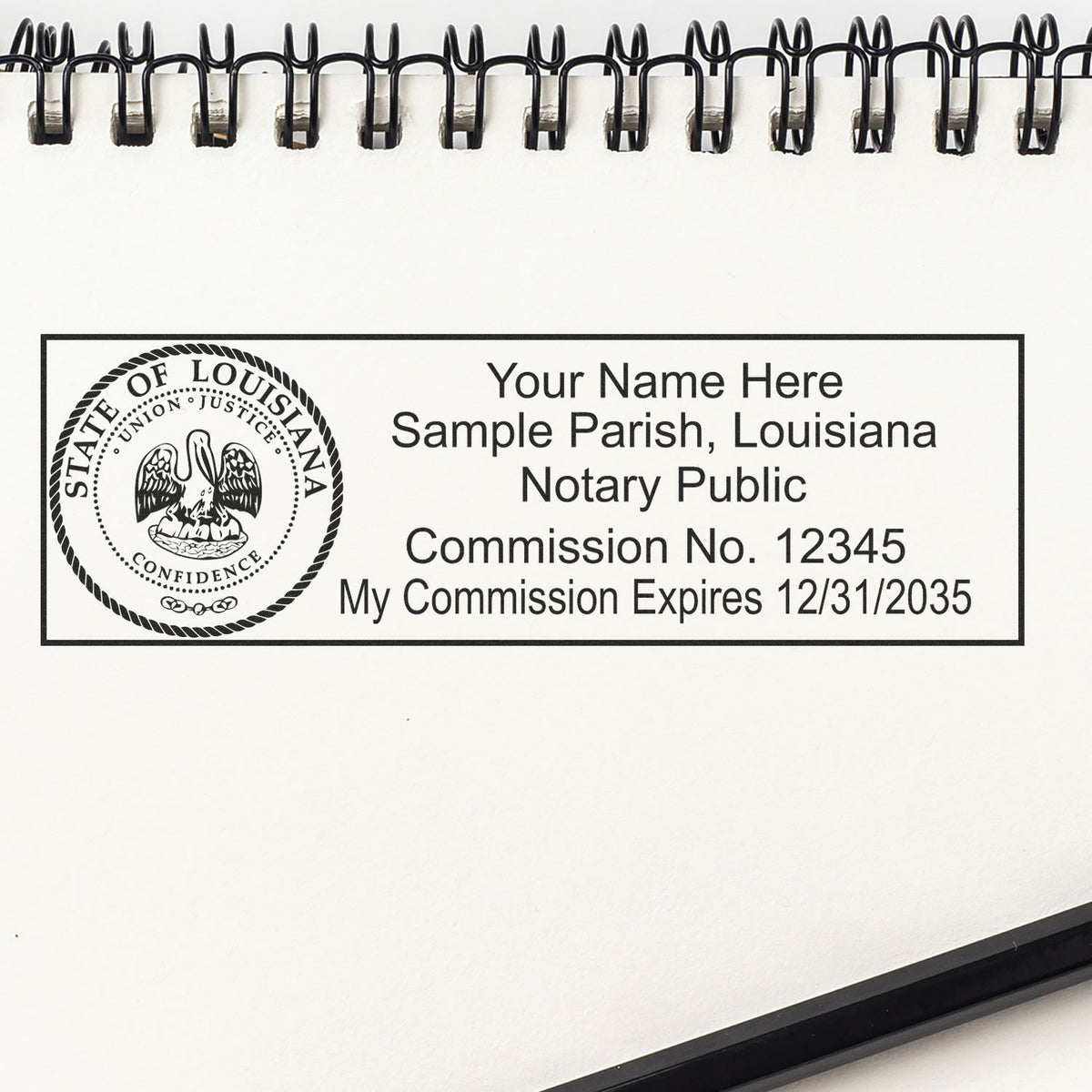 The main image for the Wooden Handle Louisiana State Seal Notary Public Stamp depicting a sample of the imprint and electronic files